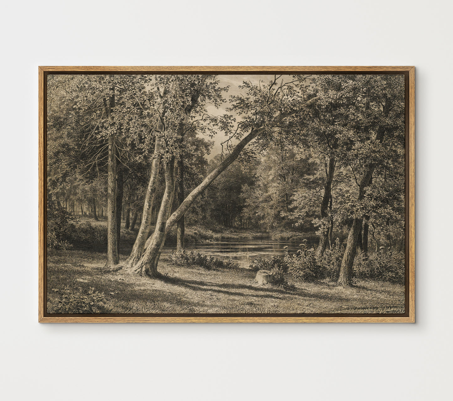Vintage Forest Landscape Wall Art | Sepia Woodland Scene with Trees & Pond | Rustic Nature Print | Framed Canvas Decor | Cottagecore Wall Decor | PH12