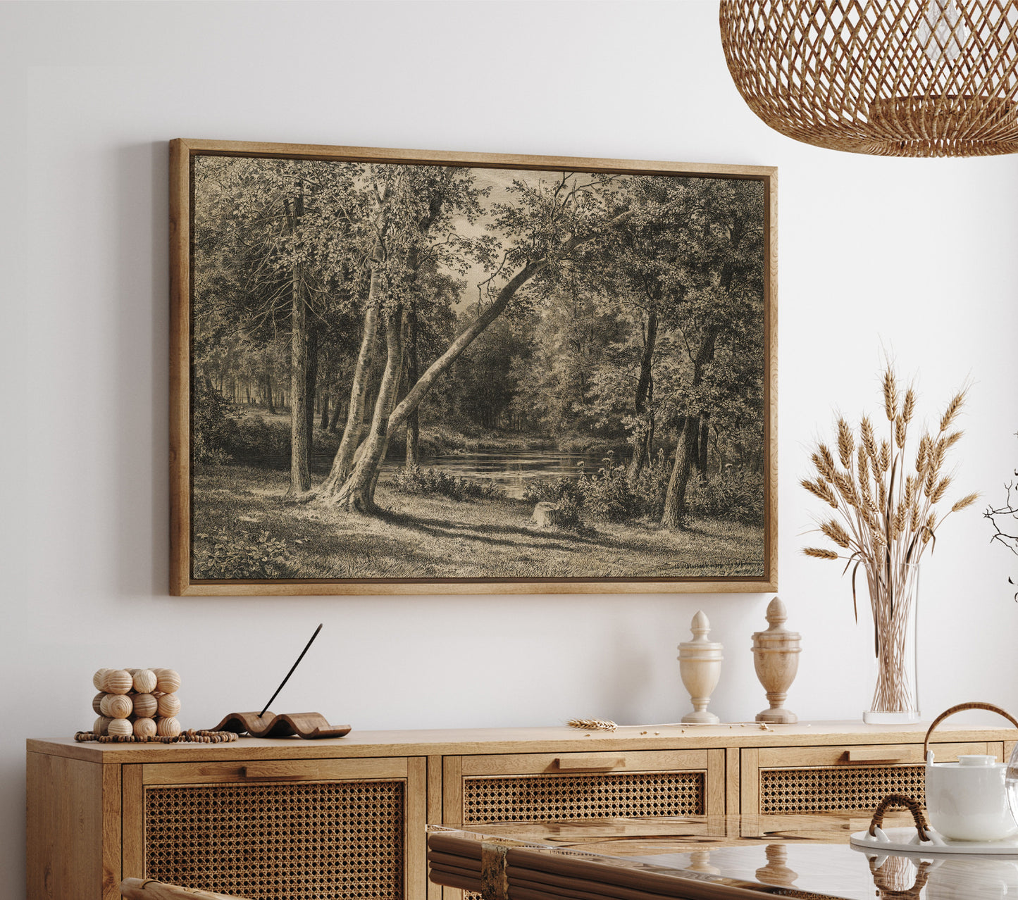Vintage Forest Landscape Wall Art | Sepia Woodland Scene with Trees & Pond | Rustic Nature Print | Framed Canvas Decor | Cottagecore Wall Decor | PH12