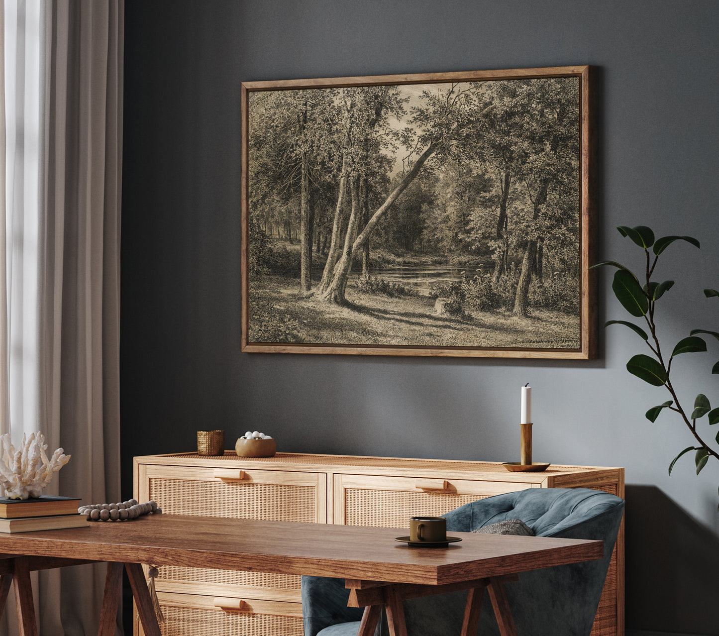 Vintage Forest Landscape Wall Art | Sepia Woodland Scene with Trees & Pond | Rustic Nature Print | Framed Canvas Decor | Cottagecore Wall Decor