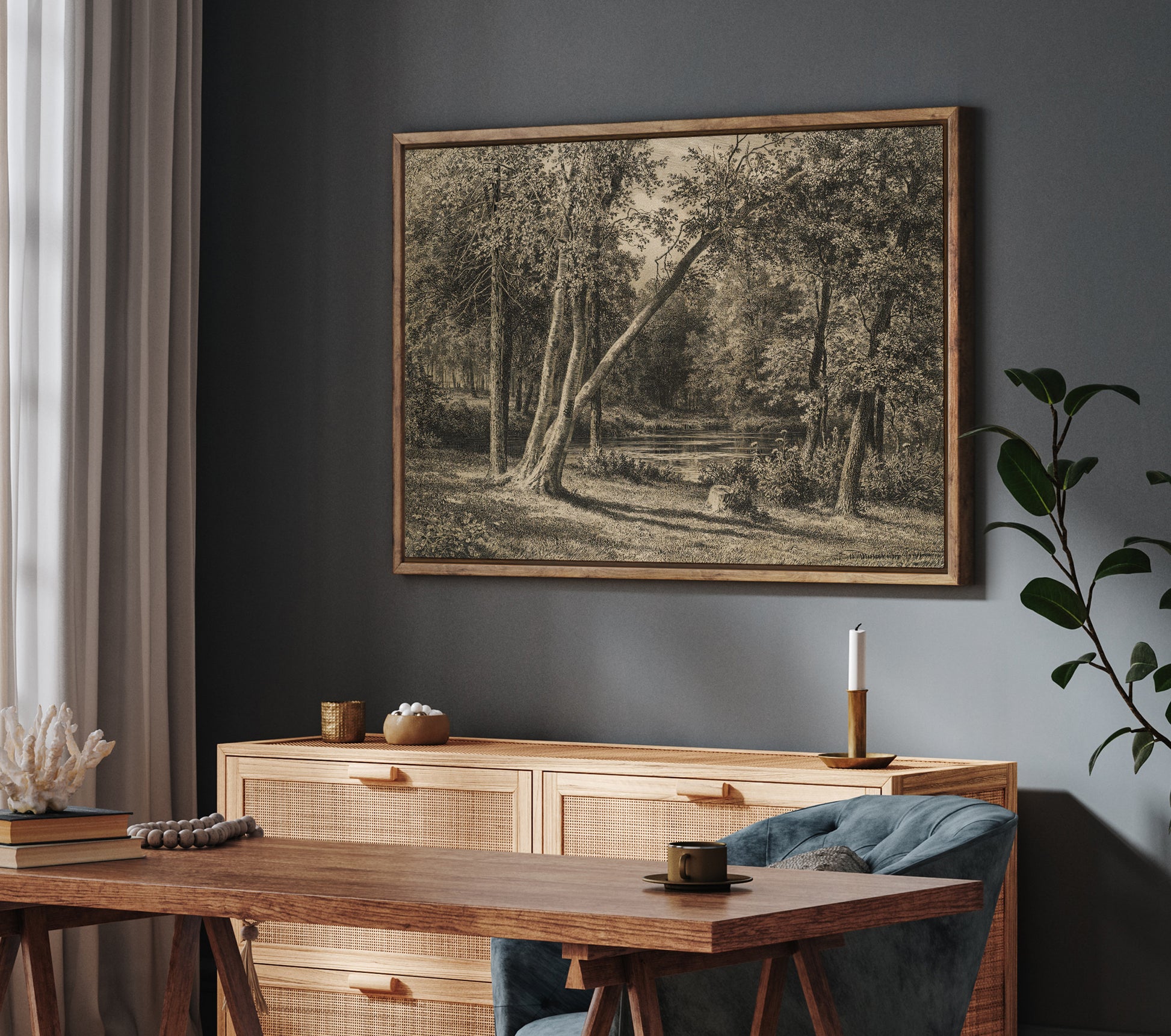 Vintage Forest Landscape Wall Art | Sepia Woodland Scene with Trees & Pond | Rustic Nature Print | Framed Canvas Decor | Cottagecore Wall Decor
