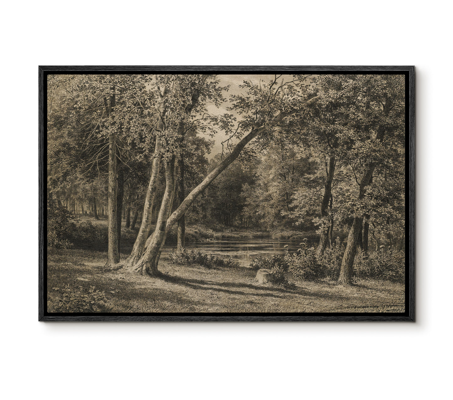 Vintage Forest Landscape Wall Art | Sepia Woodland Scene with Trees & Pond | Rustic Nature Print | Framed Canvas Decor | Cottagecore Wall Decor | PH12