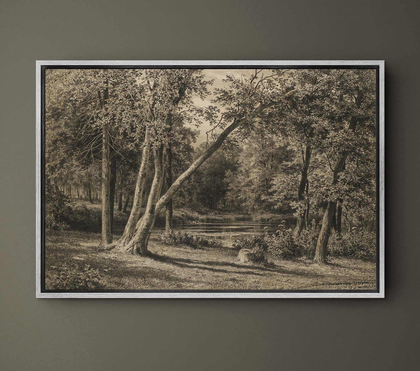 Vintage Forest Landscape Wall Art | Sepia Woodland Scene with Trees & Pond | Rustic Nature Print | Framed Canvas Decor | Cottagecore Wall Decor | PH12