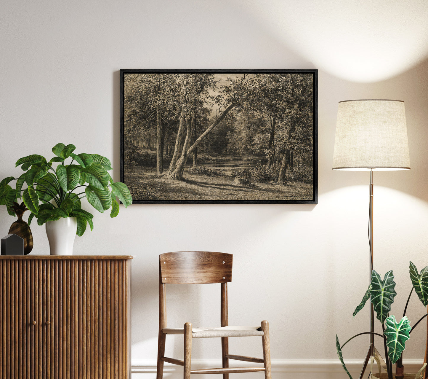 Vintage Forest Landscape Wall Art | Sepia Woodland Scene with Trees & Pond | Rustic Nature Print | Framed Canvas Decor | Cottagecore Wall Decor | PH12