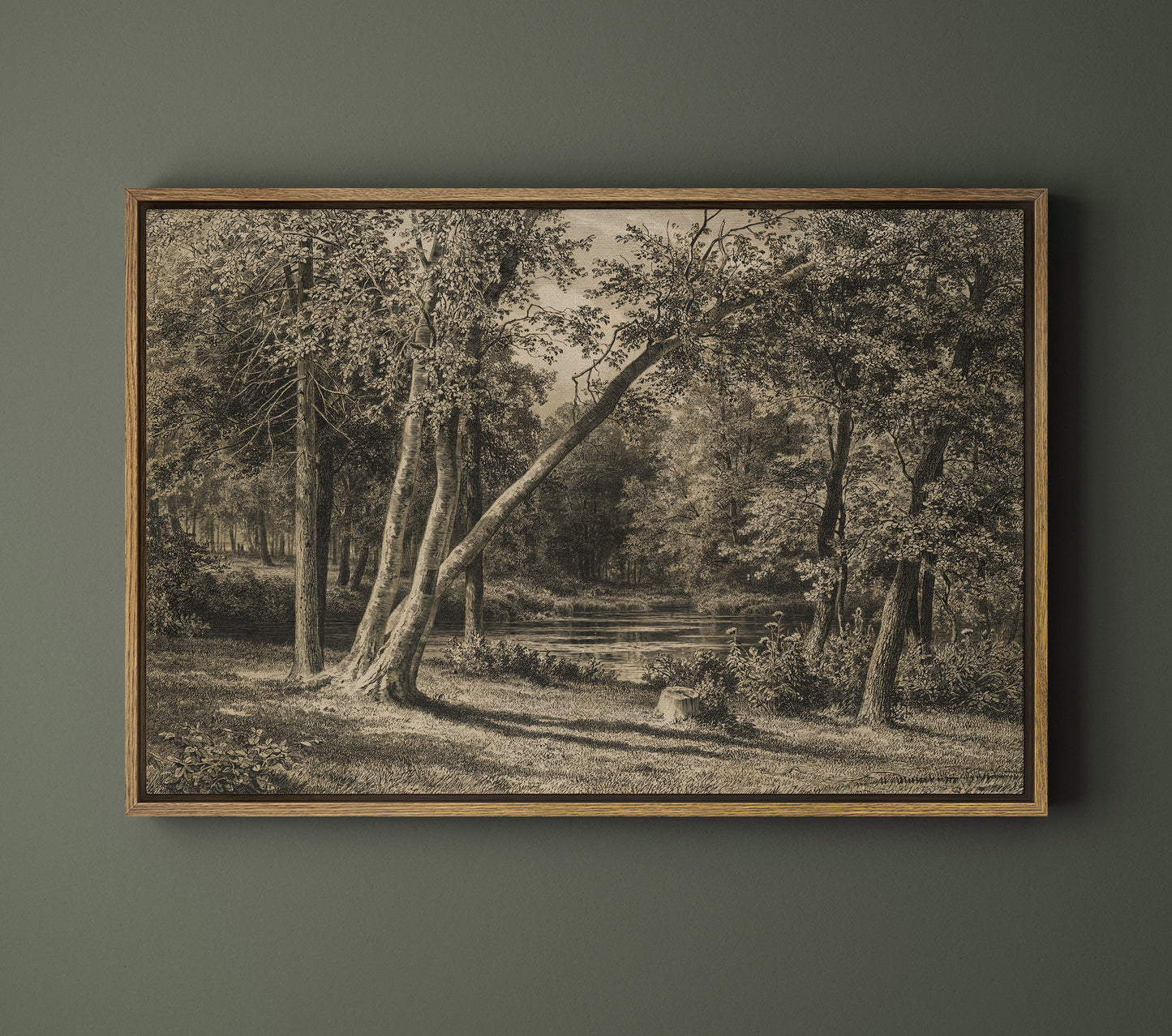 Vintage Forest Landscape Wall Art | Sepia Woodland Scene with Trees & Pond | Rustic Nature Print | Framed Canvas Decor | Cottagecore Wall Decor | PH12