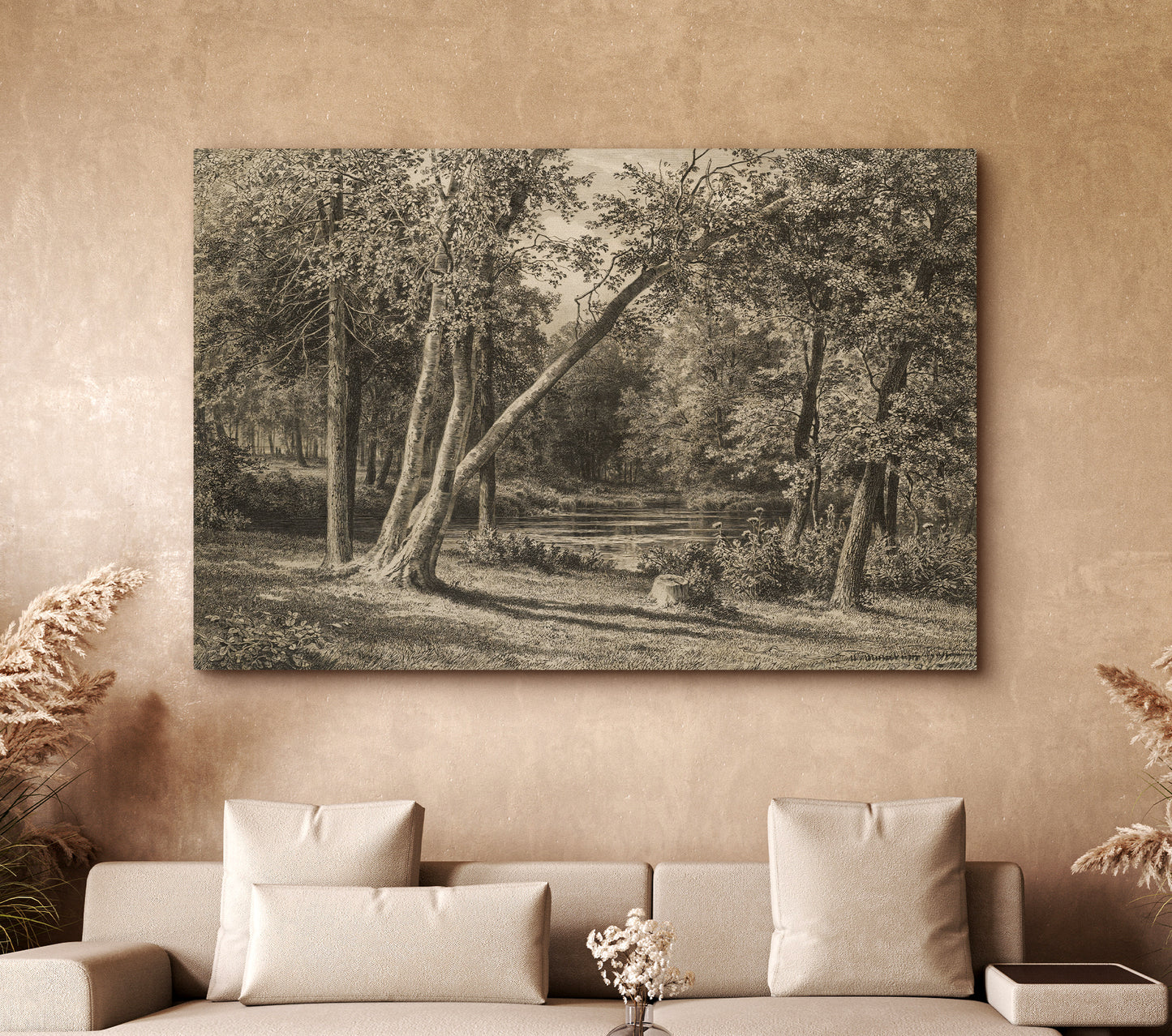 Vintage Forest Landscape Wall Art | Sepia Woodland Scene with Trees & Pond | Rustic Nature Print | Framed Canvas Decor | Cottagecore Wall Decor | PH12