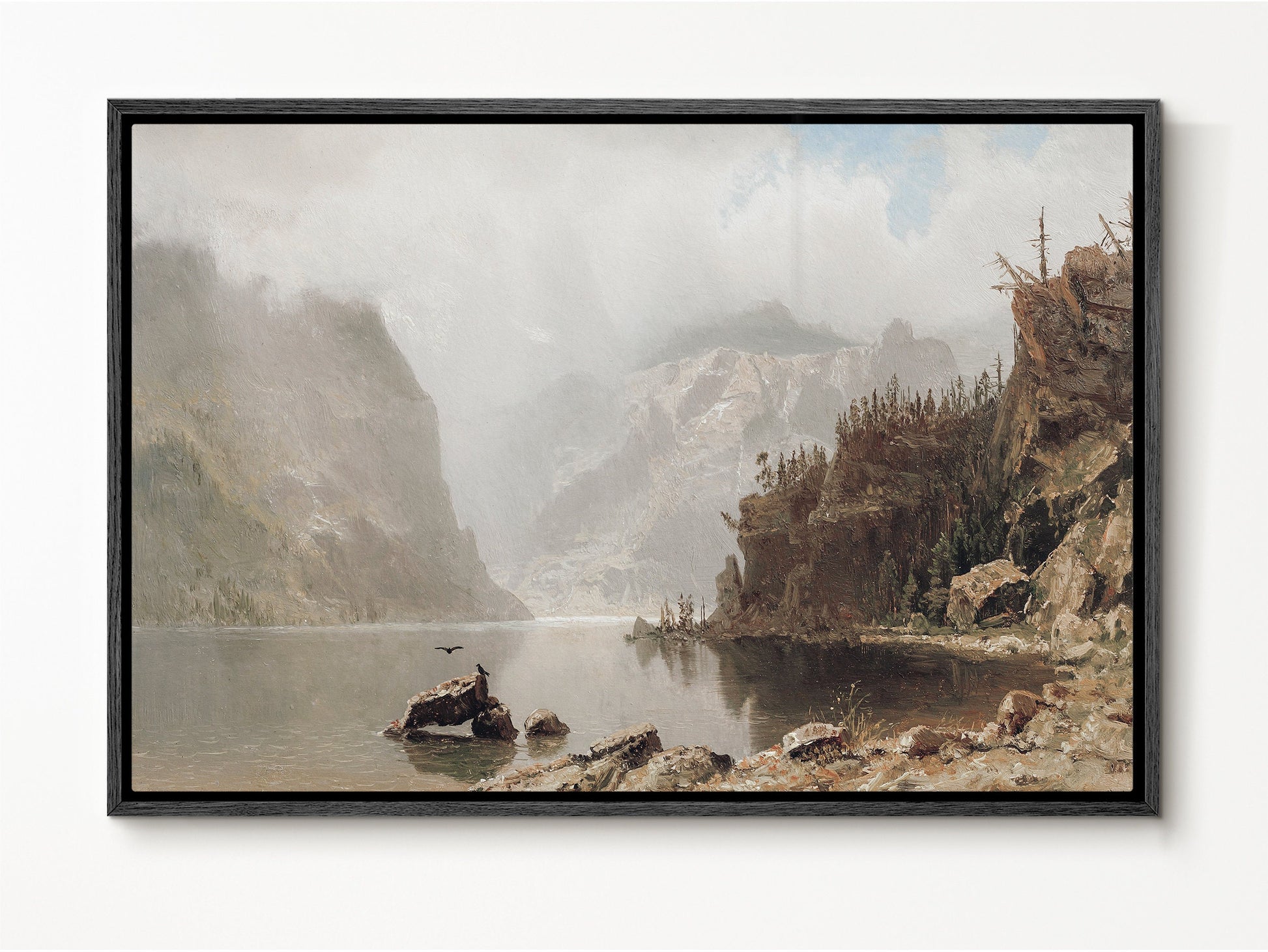SouthandArt Vintage Landscape Framed Print, Antique Lake Framed Large Gallery Art, Minimalist Art with hanging kit