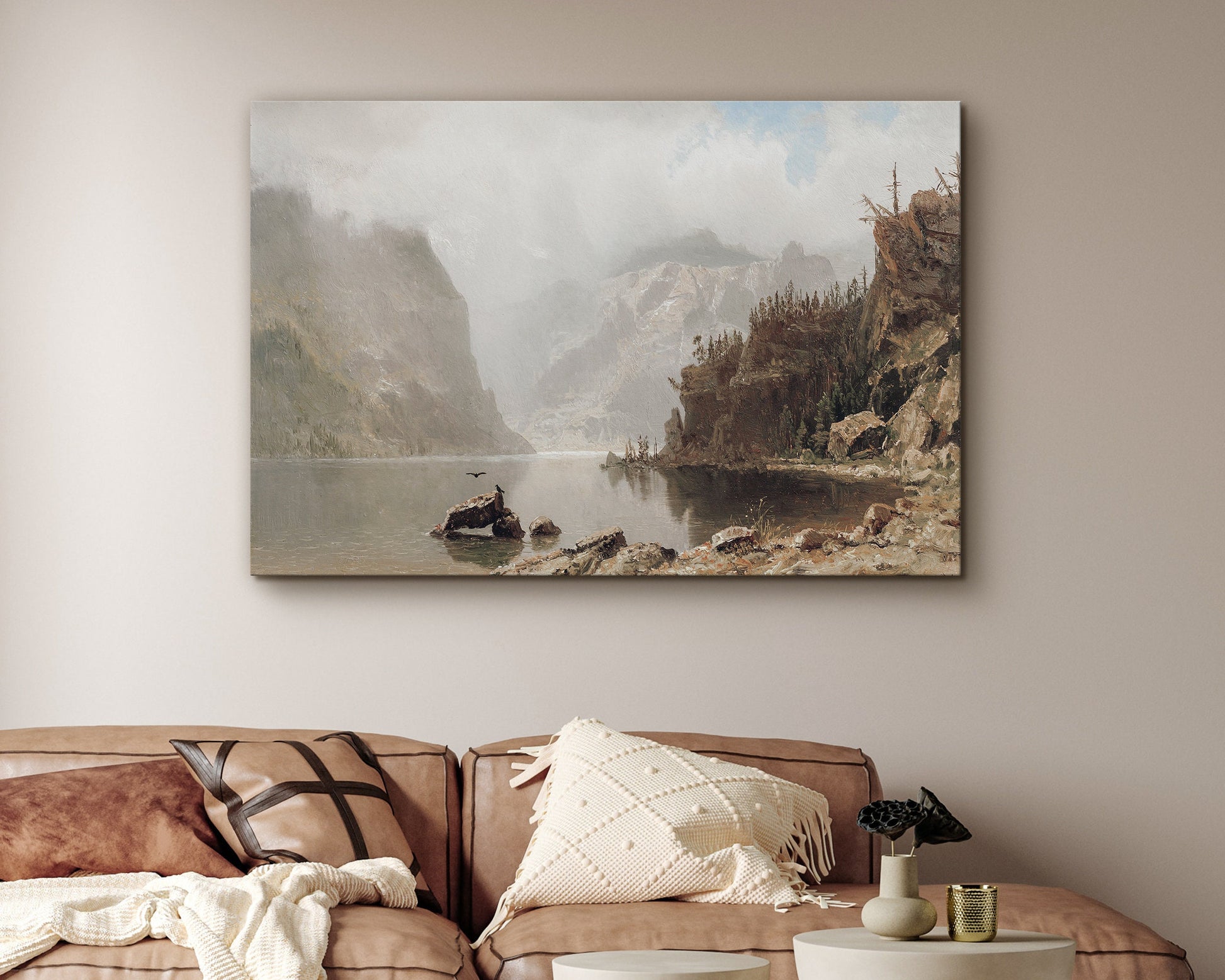 SouthandArt Vintage Landscape Framed Print, Antique Lake Framed Large Gallery Art, Minimalist Art with hanging kit