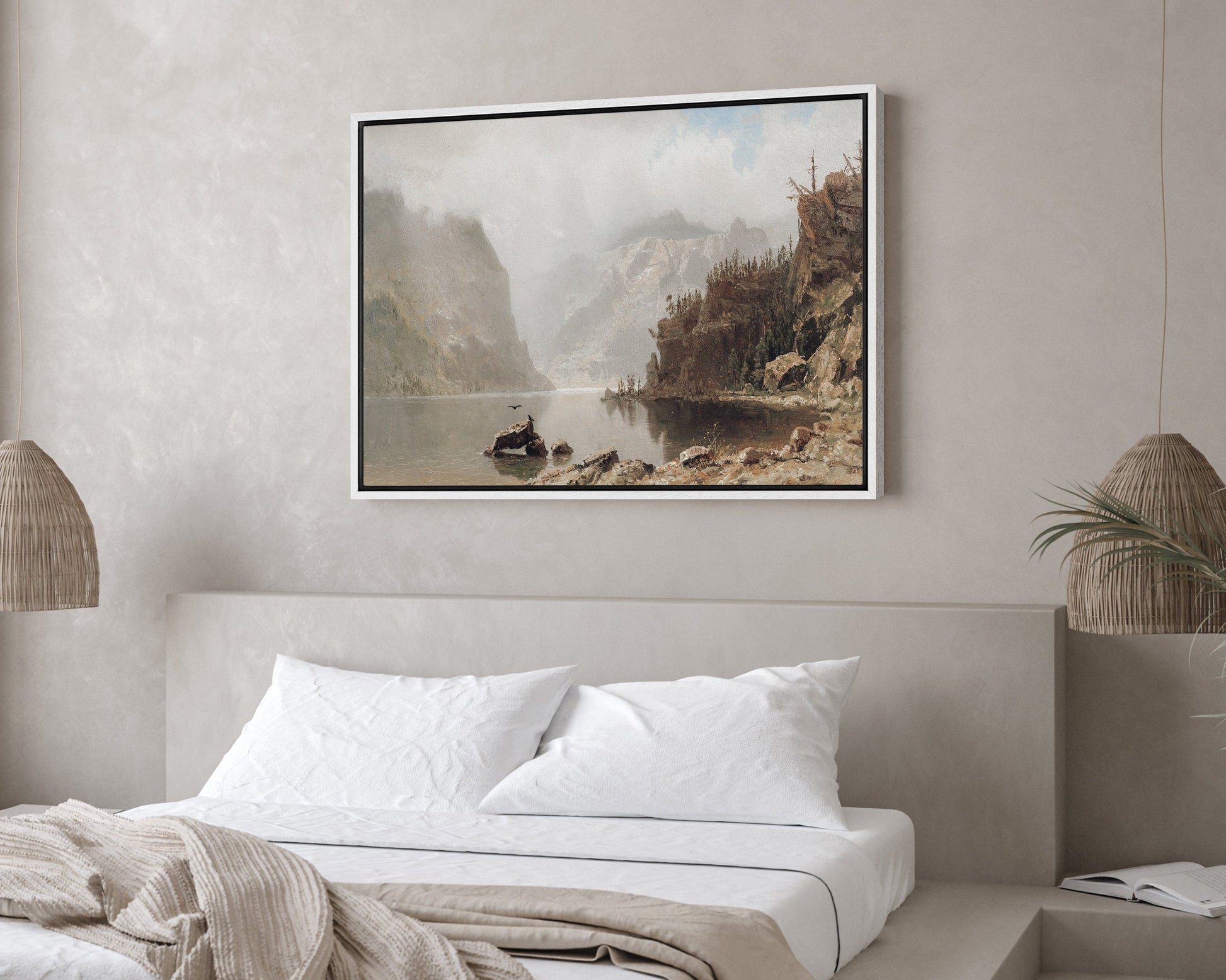 SouthandArt Vintage Landscape Framed Print, Antique Lake Framed Large Gallery Art, Minimalist Art with hanging kit