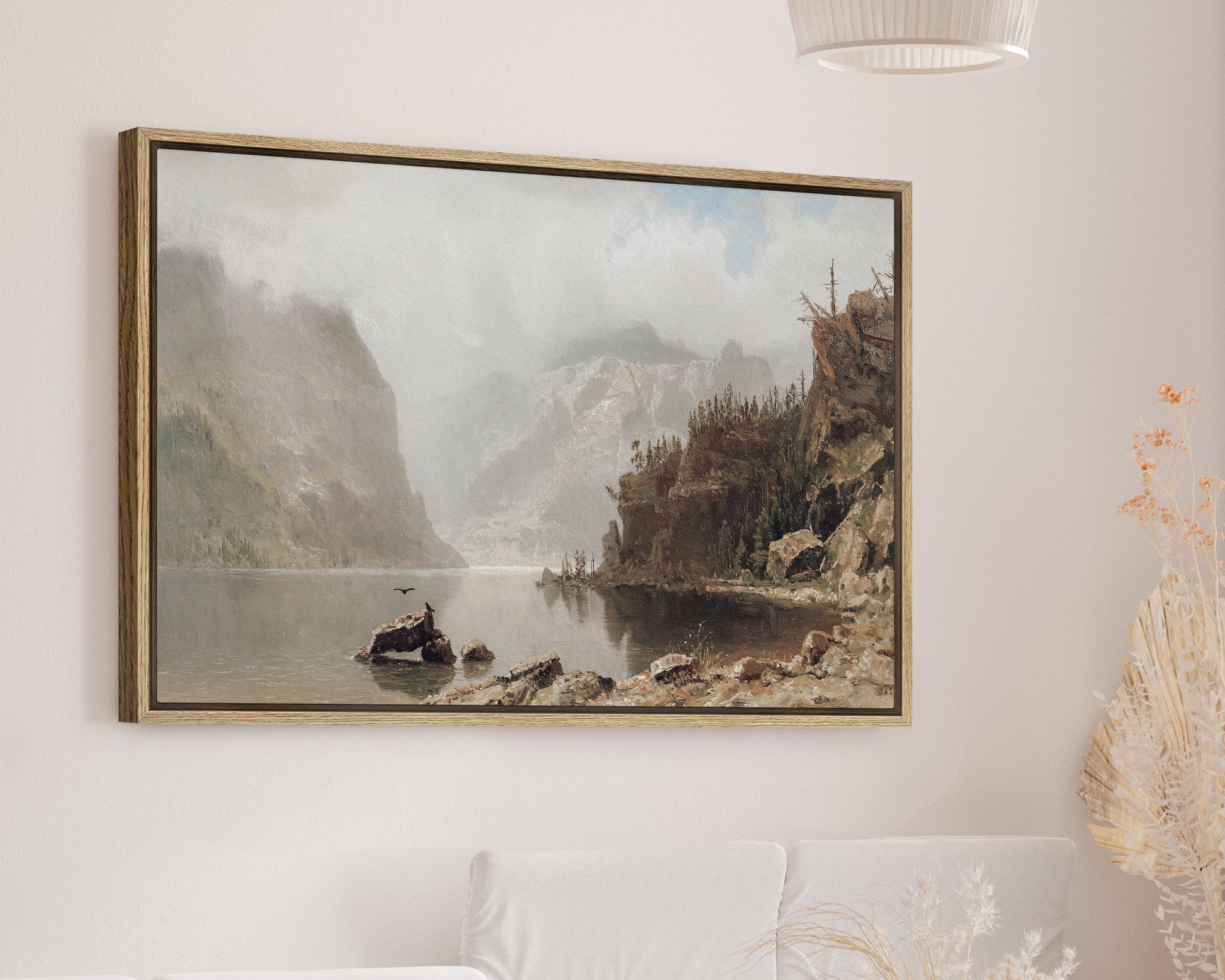 SouthandArt Vintage Landscape Framed Print, Antique Lake Framed Large Gallery Art, Minimalist Art with hanging kit