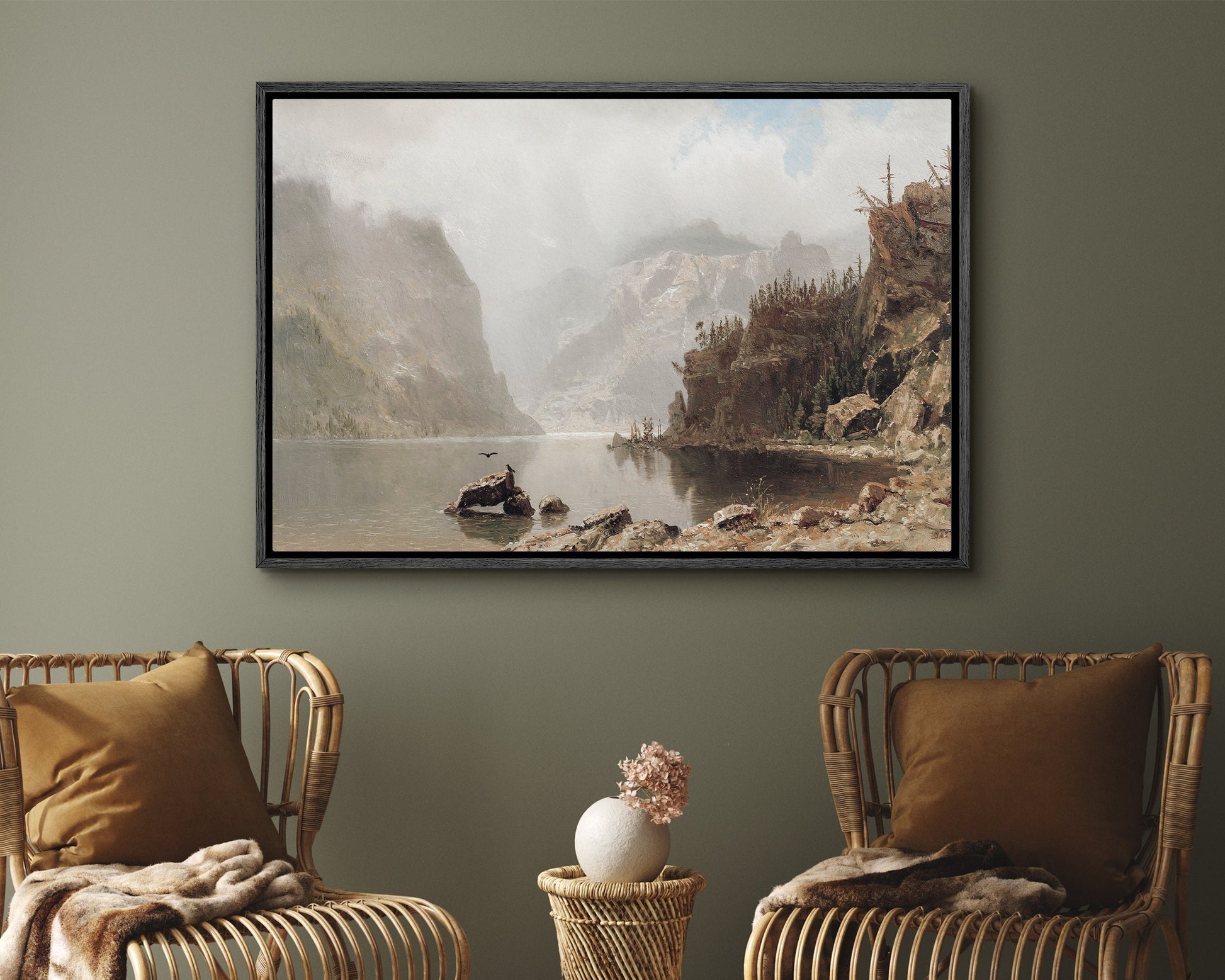 SouthandArt Vintage Landscape Framed Print, Antique Lake Framed Large Gallery Art, Minimalist Art with hanging kit
