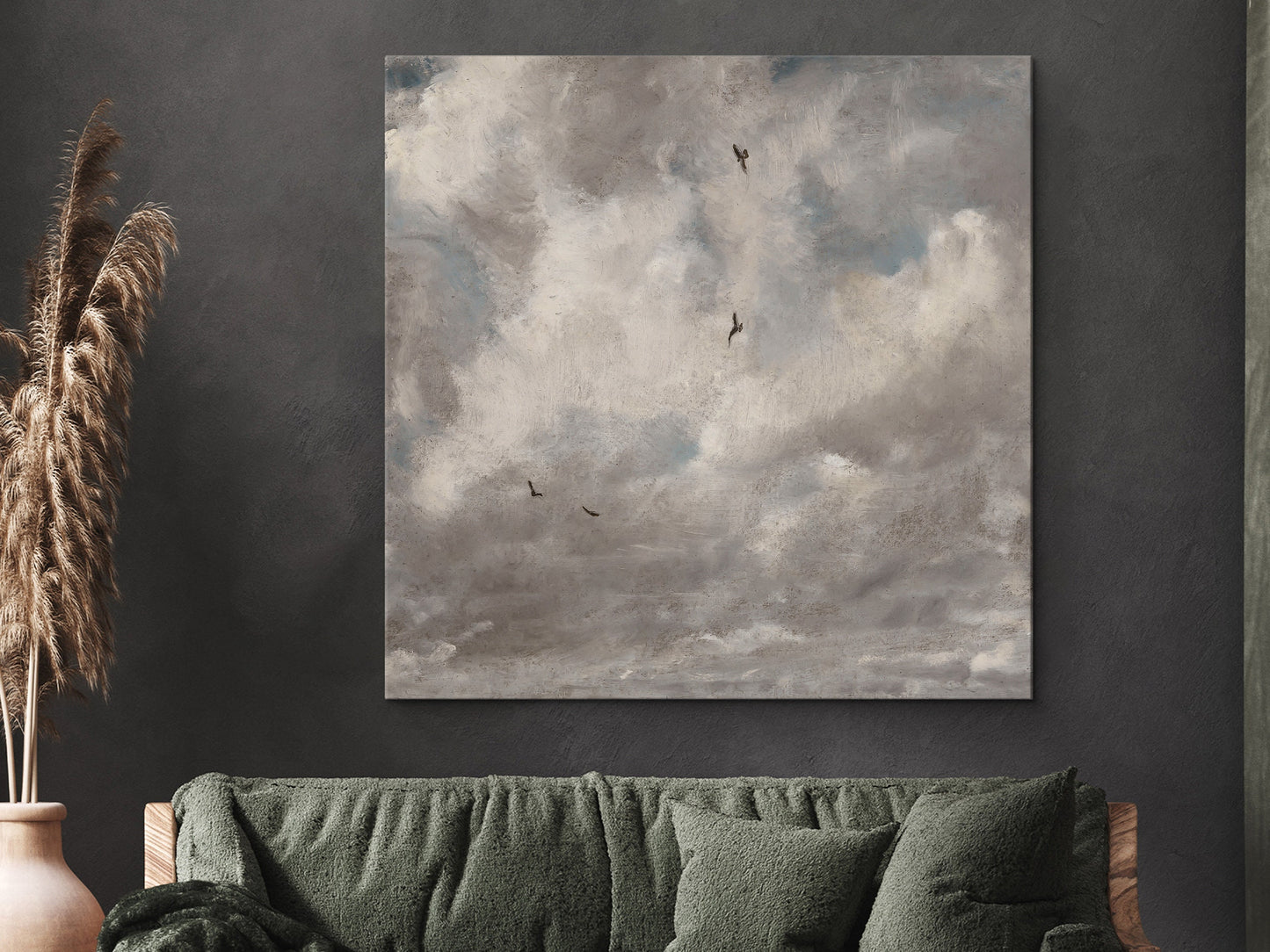 SouthandArt Vintage Landscape Wall Art Print, Cloudy Sky and Field Framed Large Gallery Art, Minimalist Art Ready to Hang (with hanging kit)