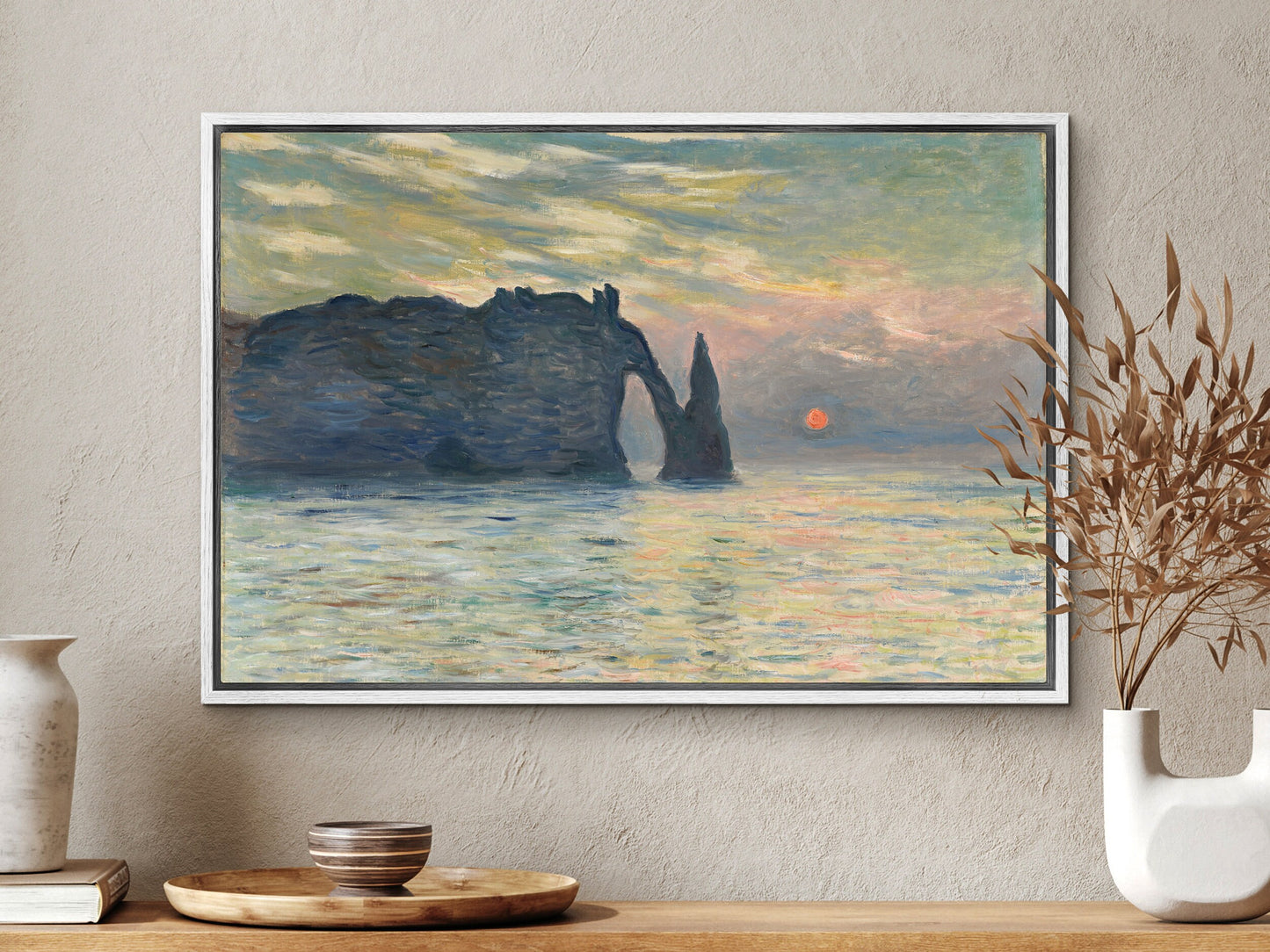 EasySuger Claude Monet Wall Art | The Cliff, Étretat, Sunset - 1883 | Framed Print on Canvas with hanging kit