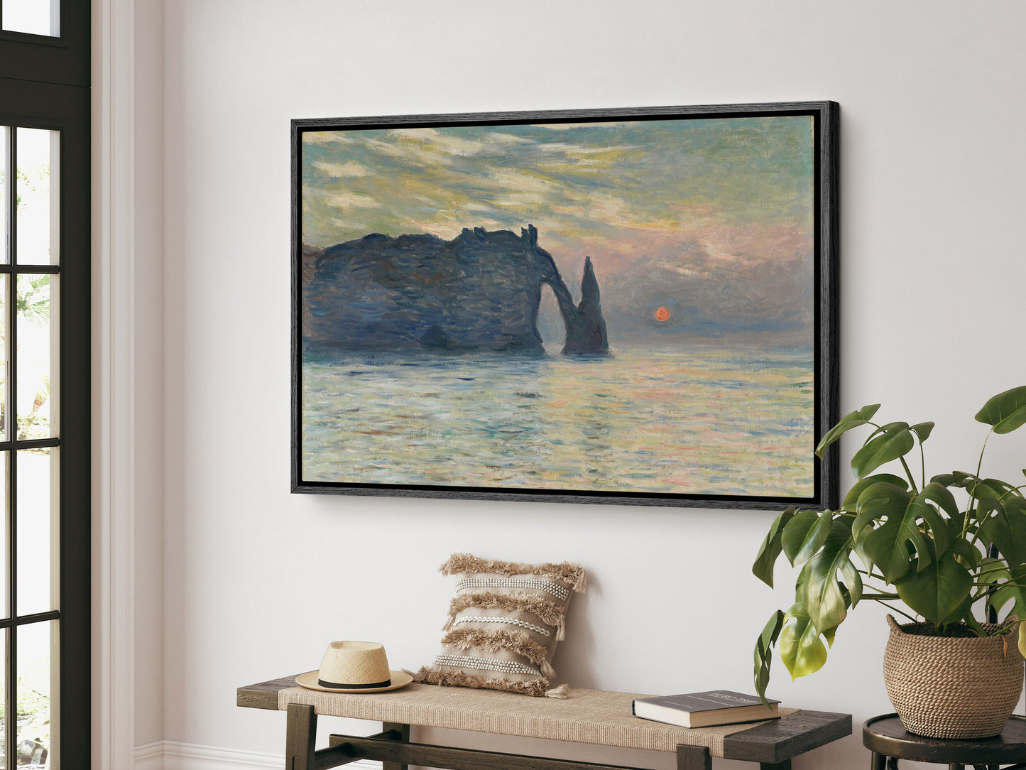 EasySuger Claude Monet Wall Art | The Cliff, Étretat, Sunset - 1883 | Framed Print on Canvas with hanging kit