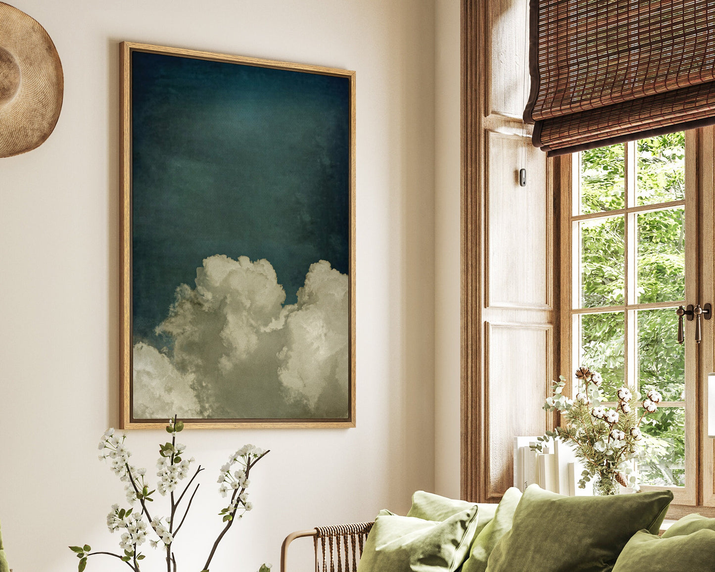 SouthandArt Vintage moody clouds Wall Art Print, Cloudy Sky Framed Large Gallery Art, Minimalist Art Ready to Hang (with hanging kit)