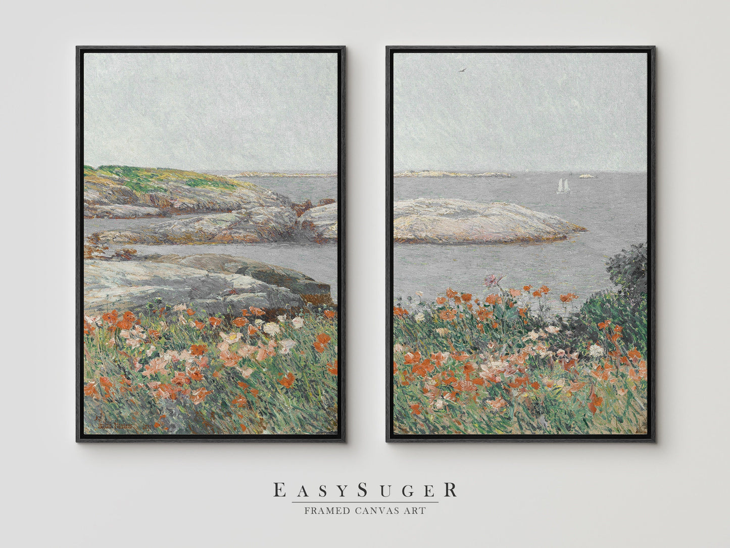 EasySuger 2 Panels FlowerField By the sea Wall Art, Vintage Nature Framed Large Gallery Art, Antique Art Ready to Hang