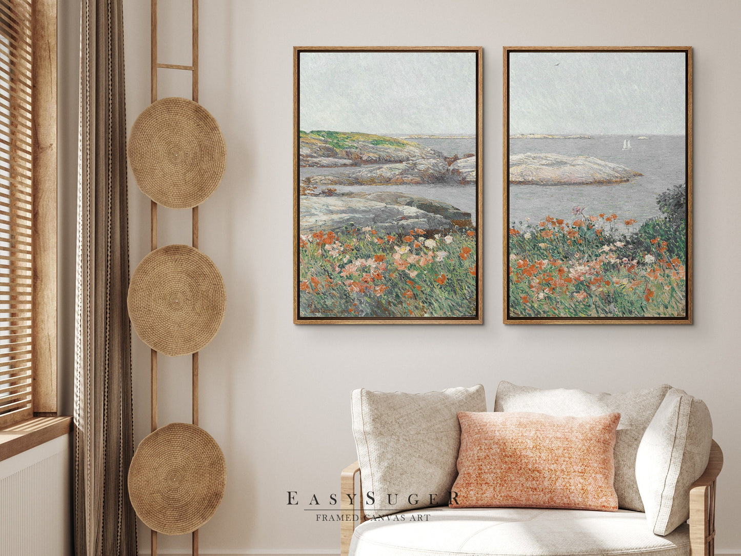 EasySuger 2 Panels FlowerField By the sea Wall Art, Vintage Nature Framed Large Gallery Art, Antique Art Ready to Hang