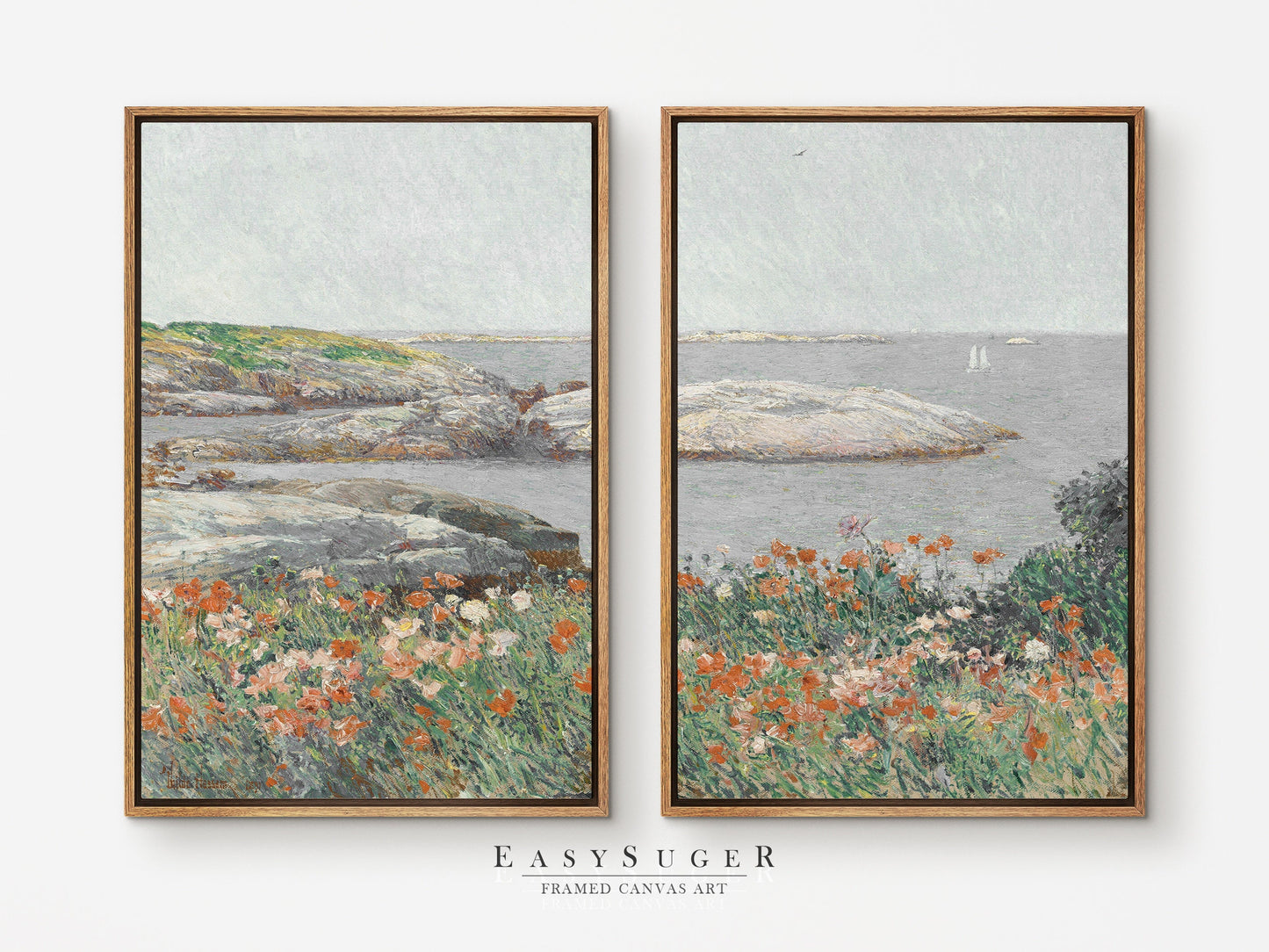 EasySuger 2 Panels FlowerField By the sea Wall Art, Vintage Nature Framed Large Gallery Art, Antique Art Ready to Hang