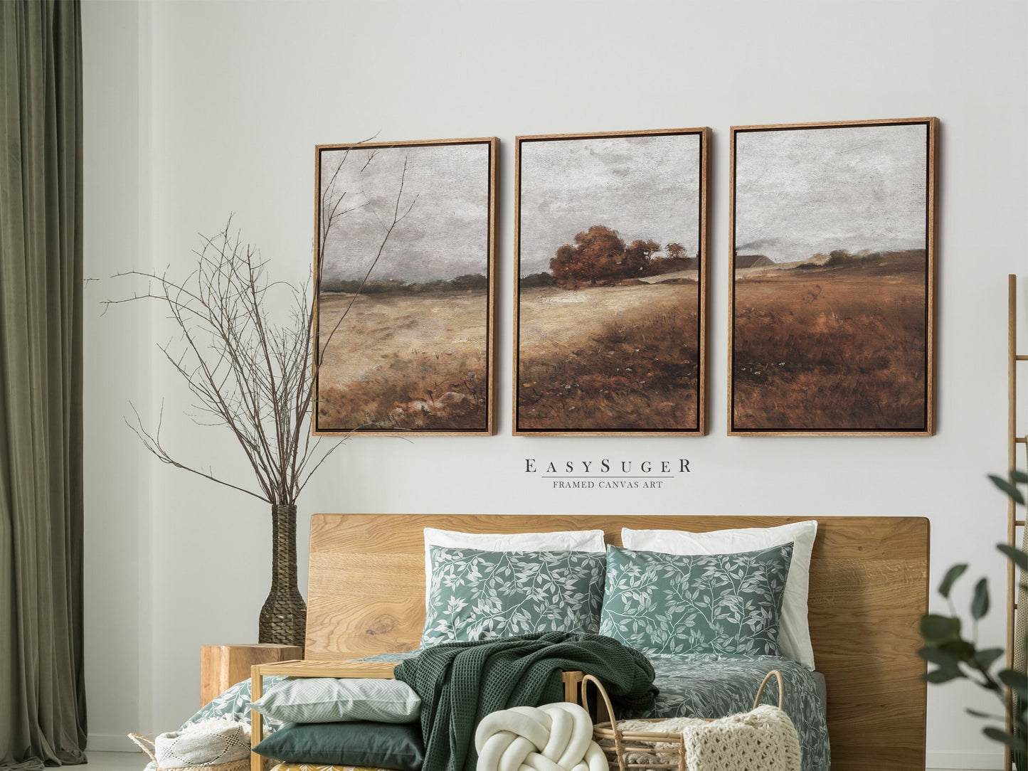 EasySuger 3 Panels Autumn WildField Landscape Wall Art, Vintage Nature Framed Large Gallery Art, Antique Art Ready to Hang