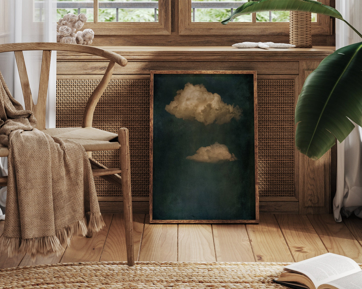 SouthandArt Vintage Moody Clouds Wall Art Print, Cloudy Sky Framed Large Gallery Art, Minimalist Art with hanging kit GC8