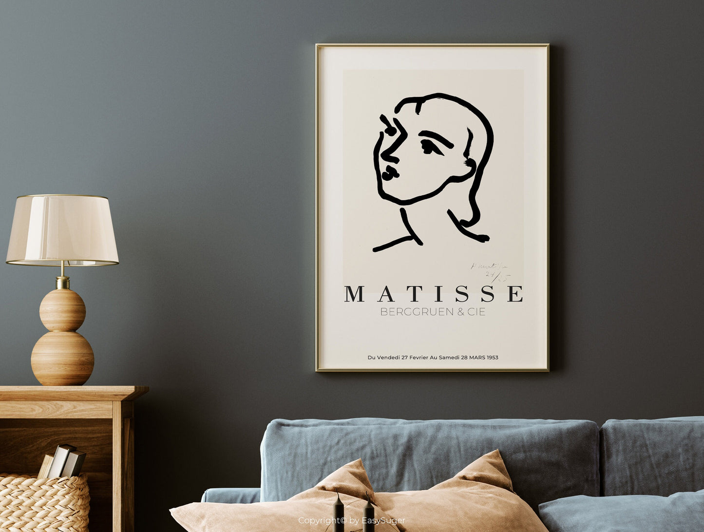 Matisse Wall art, Line Drawing Face, Framed canvas wall art, Modern art for bedroom, living room and dining room (with hanging kit)