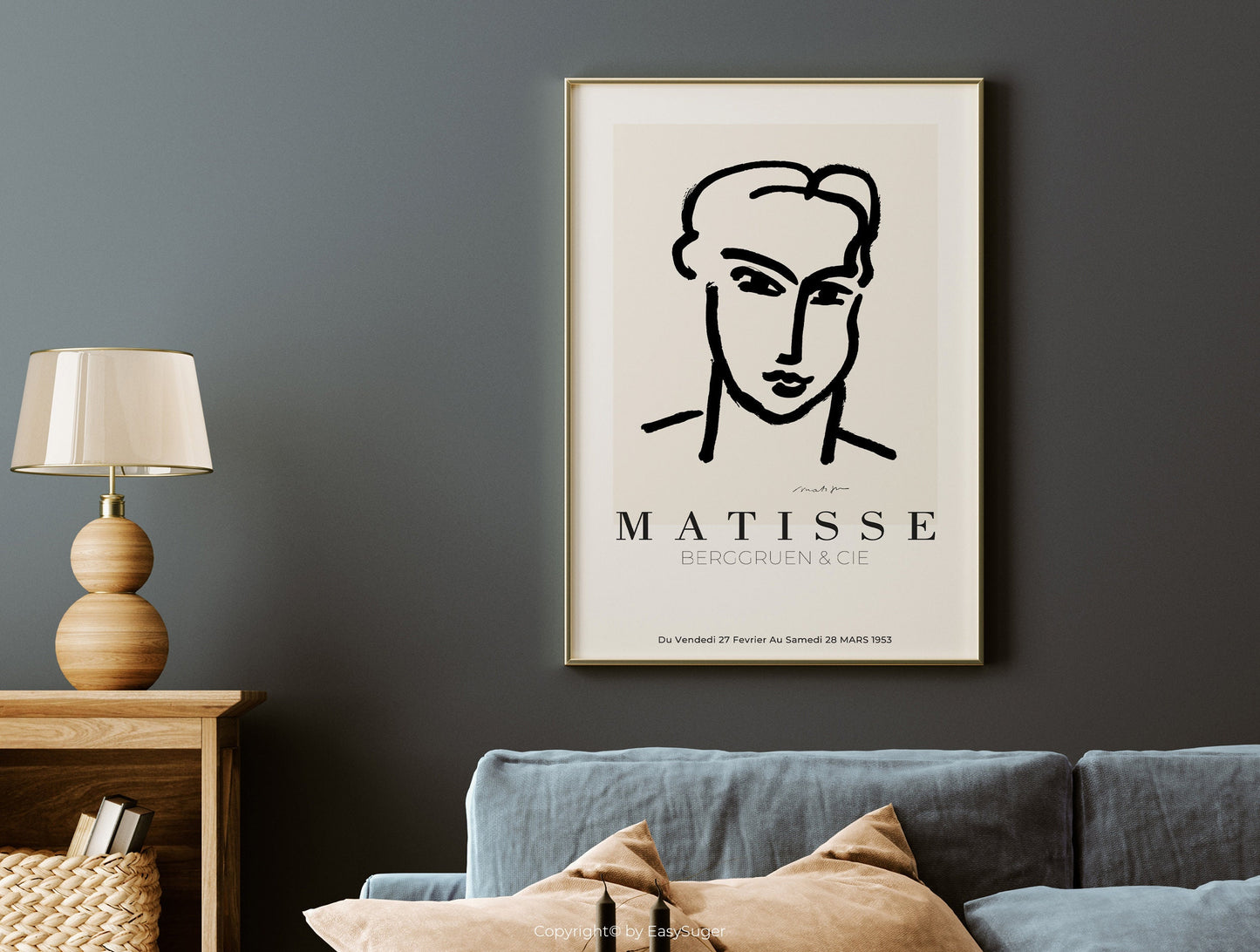 Matisse Wall art, Line Drawing Face, Framed canvas wall art, Modern art for bedroom, living room and dining room (with hanging kit)