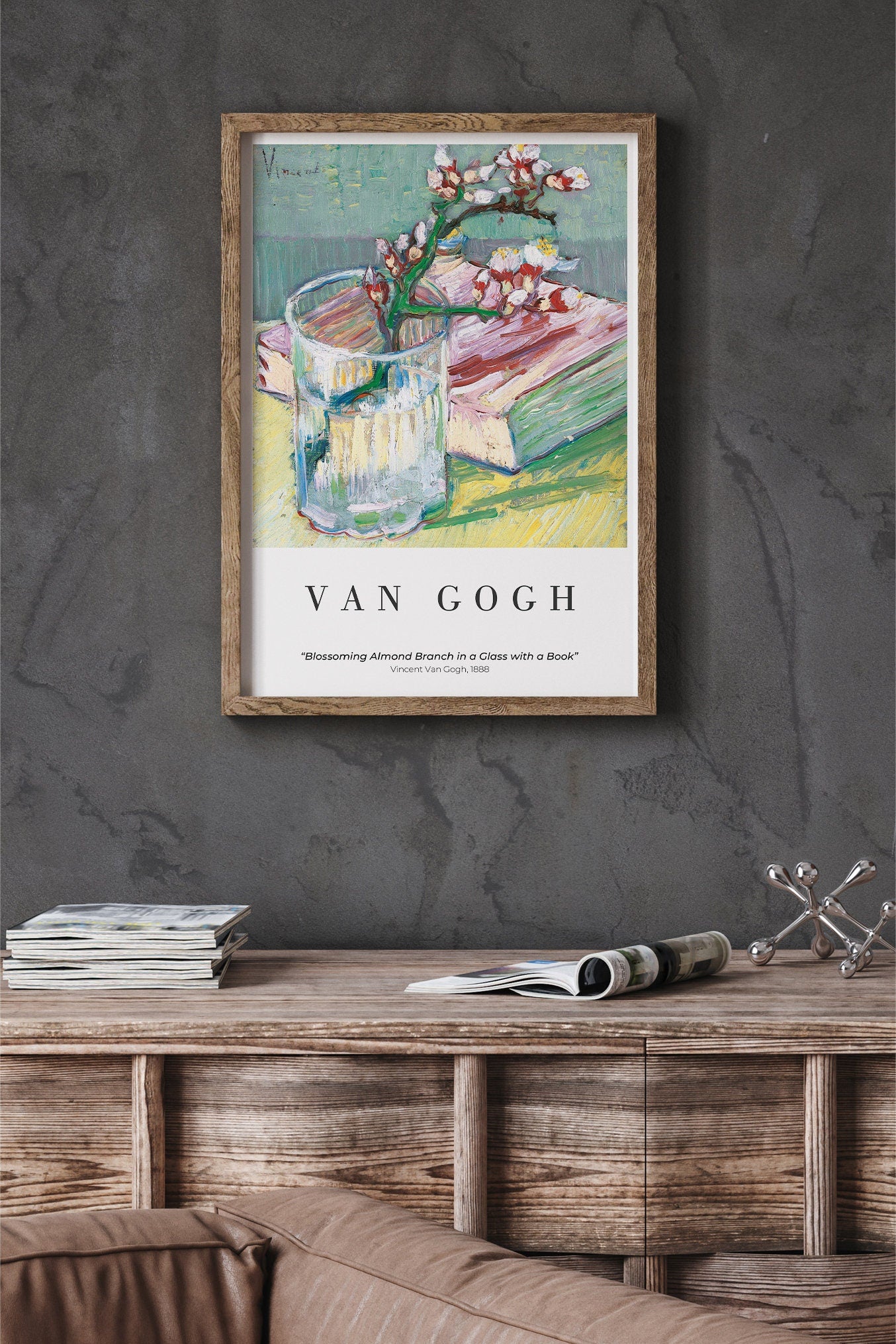 EasySuger Van Gogh Wall Art | Blossoming Almond Branch in a Glass with a Book | Framed Canvas Wall Art for living room and bedroom