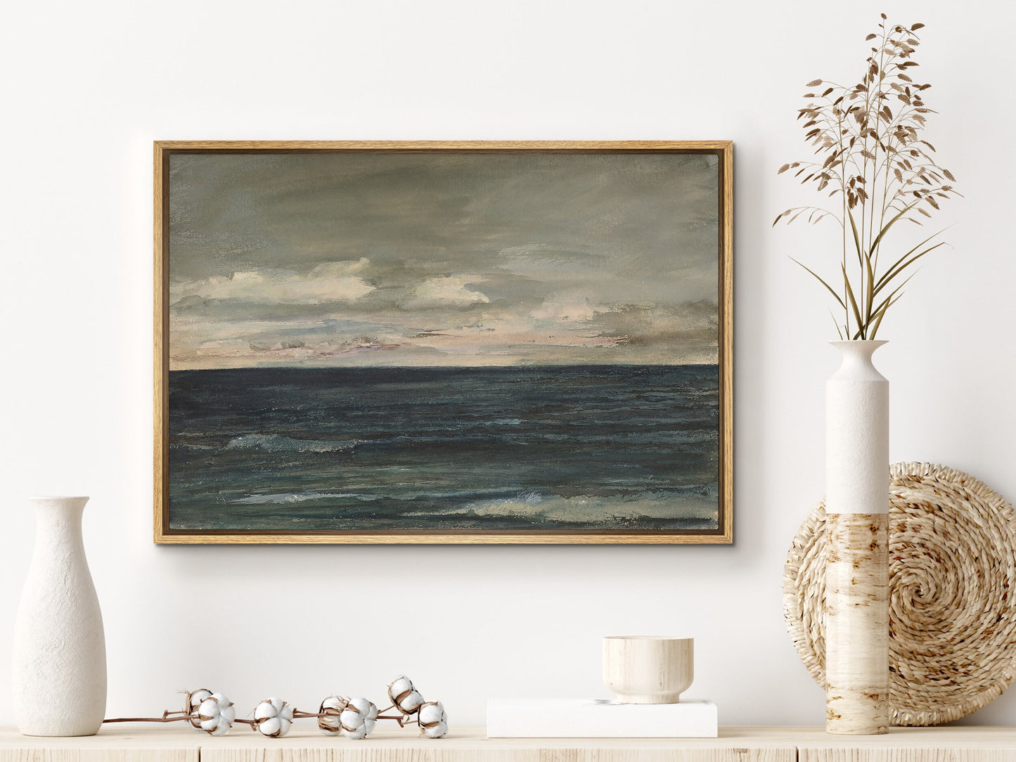 EasySuger Oil Painting Abstract indigo Seascape Wall Art, Ocean Sky Gallery Framed Art, Vintage Wall Art with Hanging kit | SC2