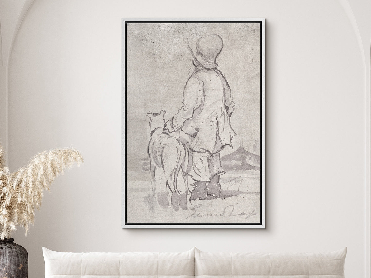 EasySuger Watercolor Sketch Wall Art, Girl with Dog Framed Large Gallery Art, Minimalist Art Ready to Hang (with hanging kit) CG-02