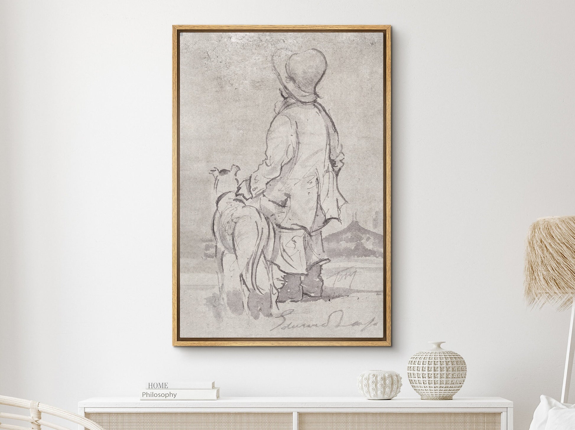 EasySuger Watercolor Sketch Wall Art, Girl with Dog Framed Large Gallery Art, Minimalist Art Ready to Hang (with hanging kit) CG-02