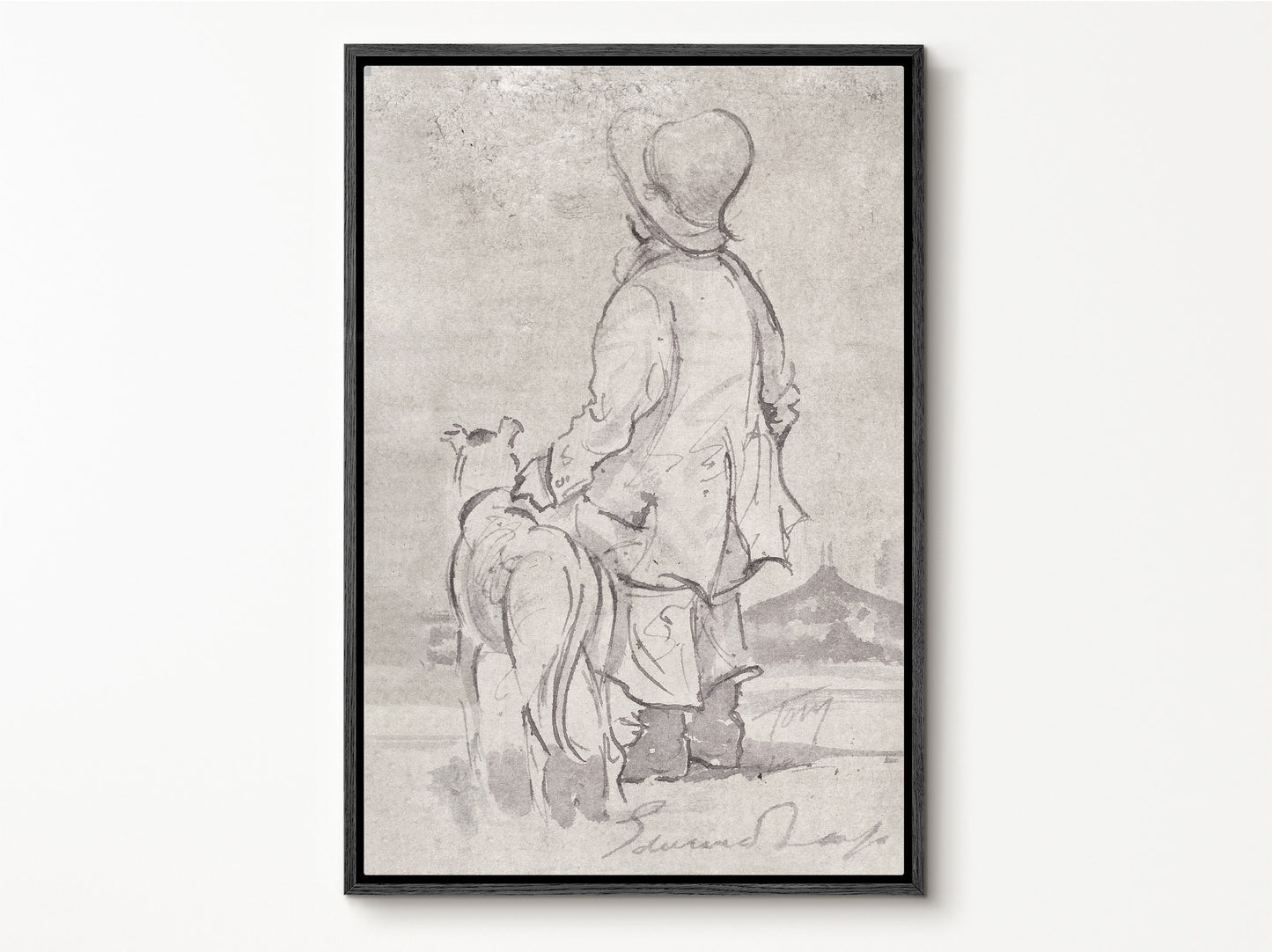 EasySuger Watercolor Sketch Wall Art, Girl with Dog Framed Large Gallery Art, Minimalist Art Ready to Hang (with hanging kit) CG-02