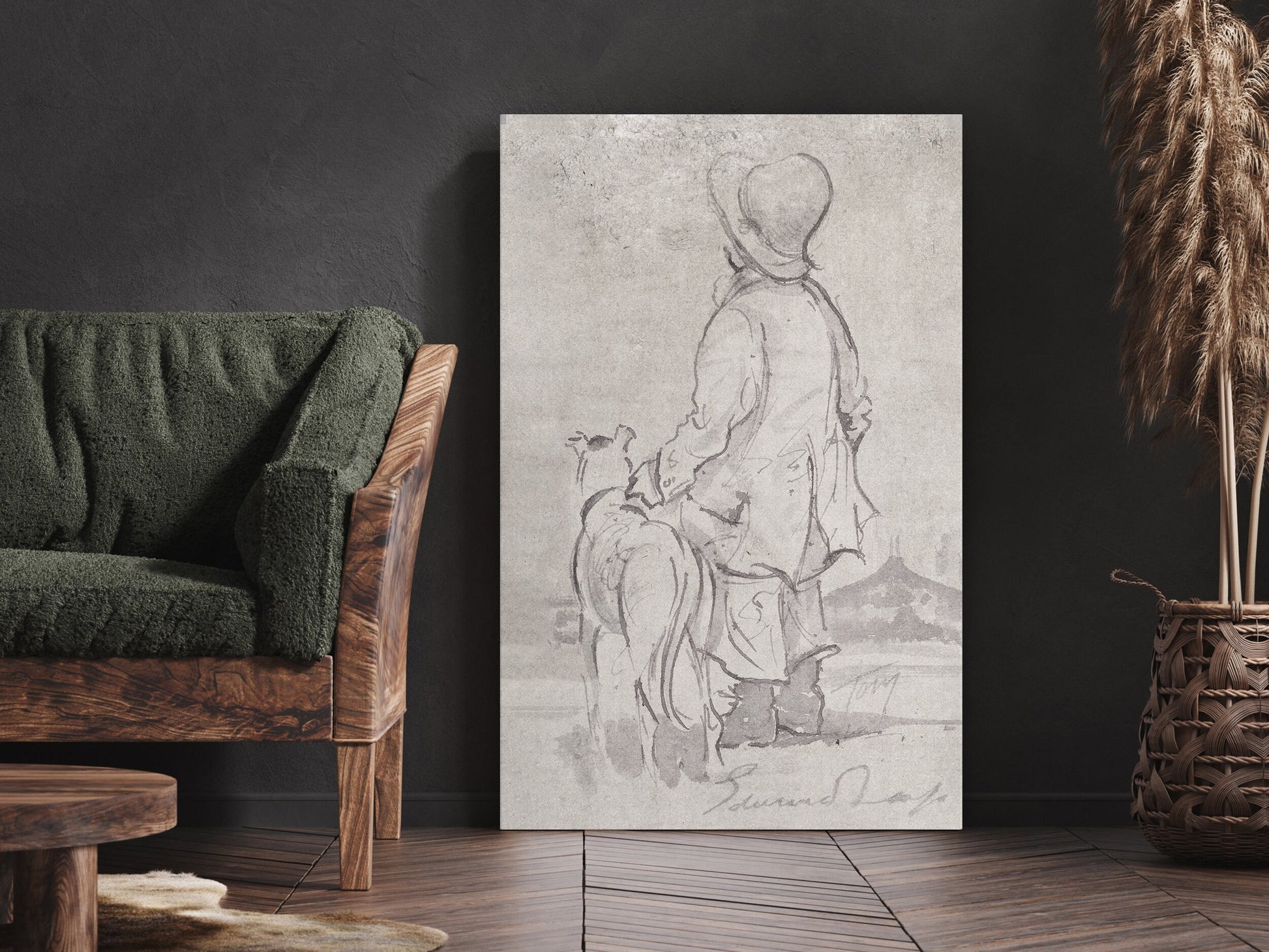 EasySuger Watercolor Sketch Wall Art, Girl with Dog Framed Large Gallery Art, Minimalist Art Ready to Hang (with hanging kit) CG-02