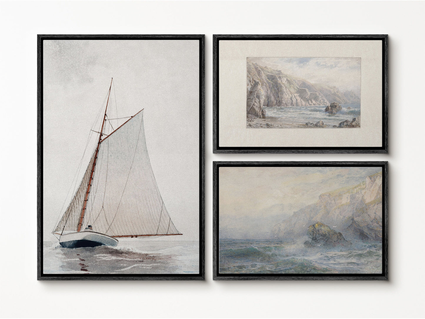 EasySuger Set of 3 Vintage Seascape Wall Art, Ocean and Boat Wall Art, Framed Canvas Wall Art for Living room and Bedroom, Natural Wall Art