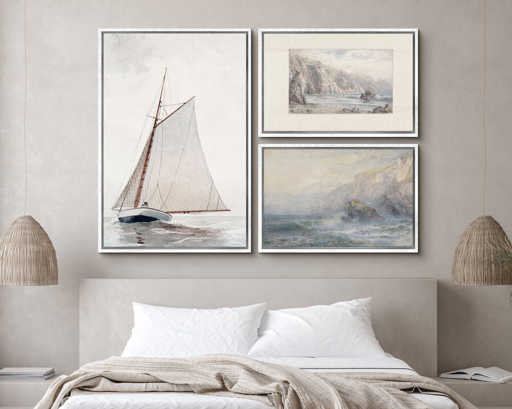 EasySuger Set of 3 Vintage Seascape Wall Art, Ocean and Boat Wall Art, Framed Canvas Wall Art for Living room and Bedroom, Natural Wall Art