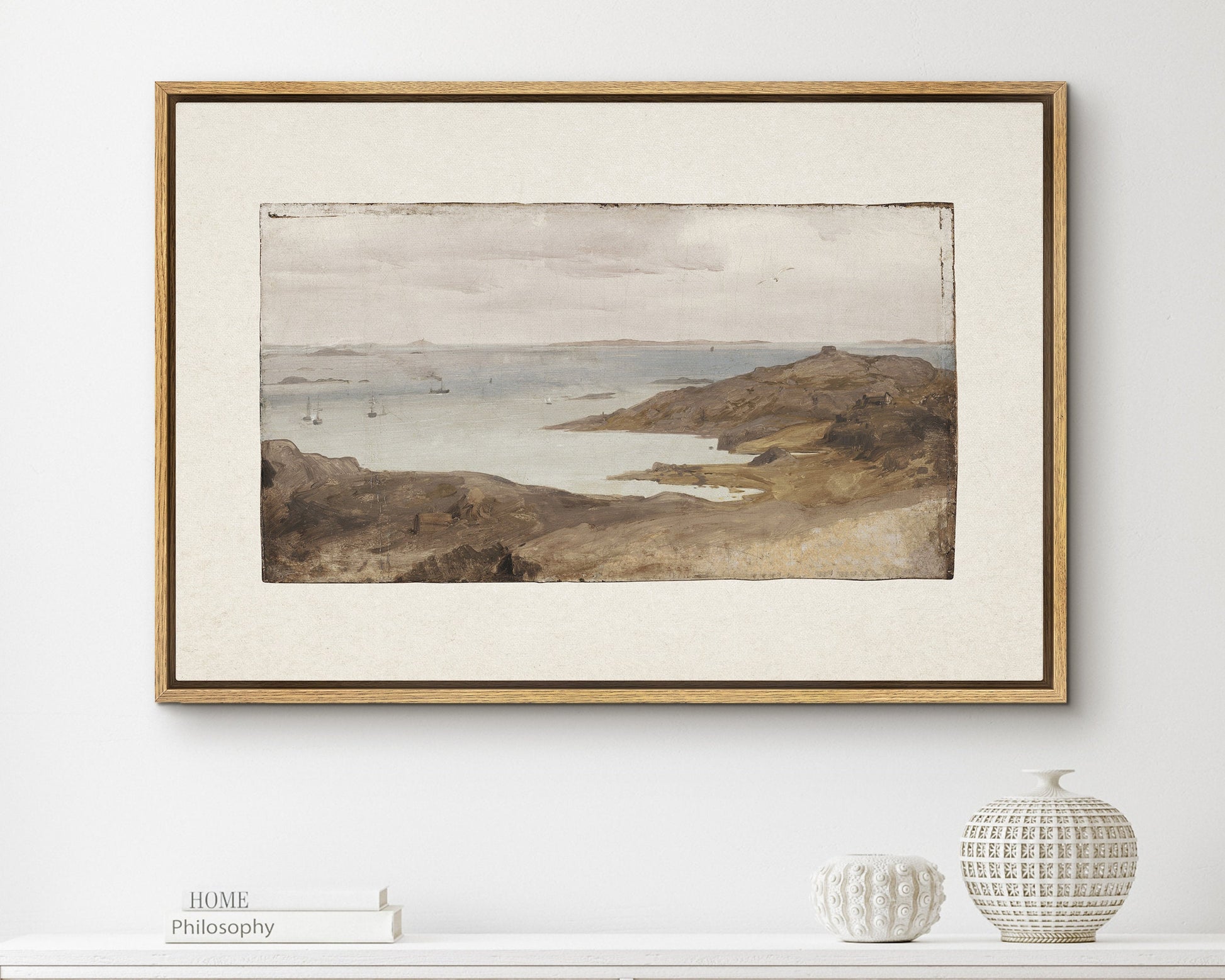 EasySuger Vintage Seascape Wall Art, Rustic Coastal Framed Large Gallery Art, Minimalist Art Ready to Hang (with hanging kit)