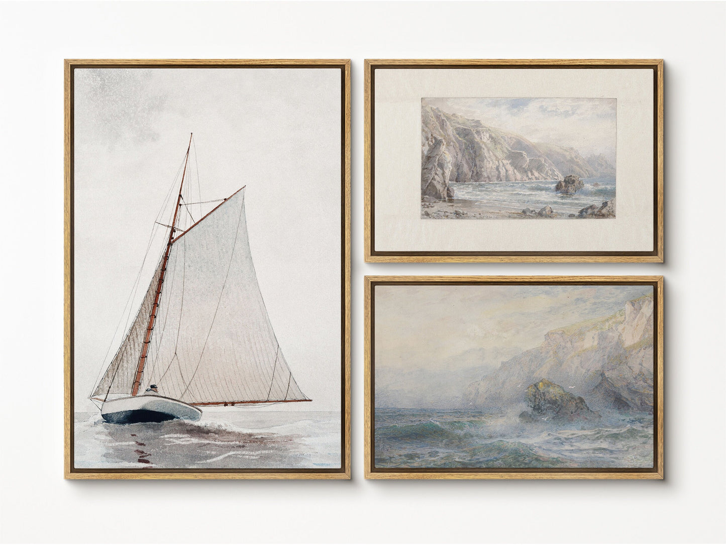 EasySuger Set of 3 Vintage Seascape Wall Art, Ocean and Boat Wall Art, Framed Canvas Wall Art for Living room and Bedroom, Natural Wall Art