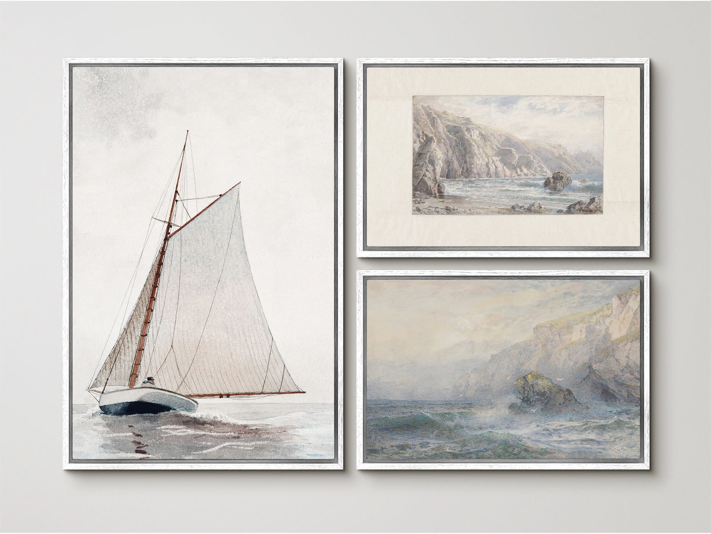 EasySuger Set of 3 Vintage Seascape Wall Art, Ocean and Boat Wall Art, Framed Canvas Wall Art for Living room and Bedroom, Natural Wall Art