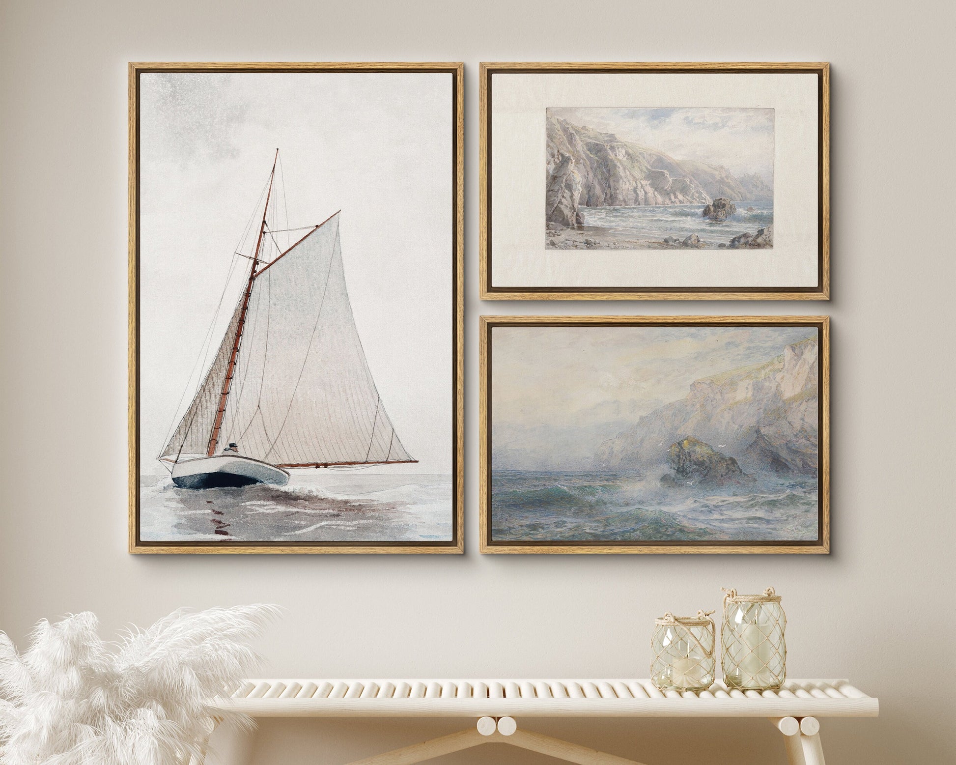 EasySuger Set of 3 Vintage Seascape Wall Art, Ocean and Boat Wall Art, Framed Canvas Wall Art for Living room and Bedroom, Natural Wall Art