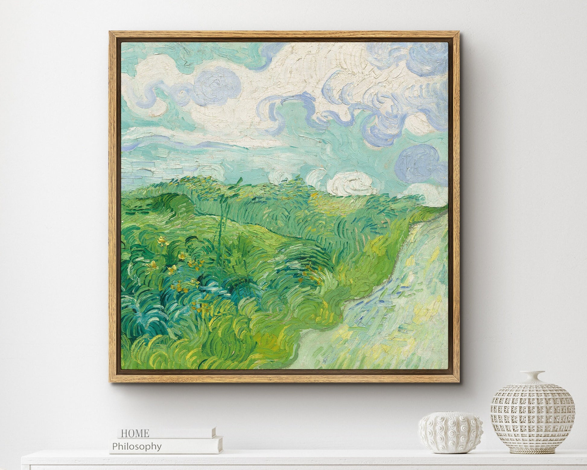 SouthandArt Van Gogh Wall Art print | Green Wheat Fields | Framed Canvas Wall Art with hanging kit