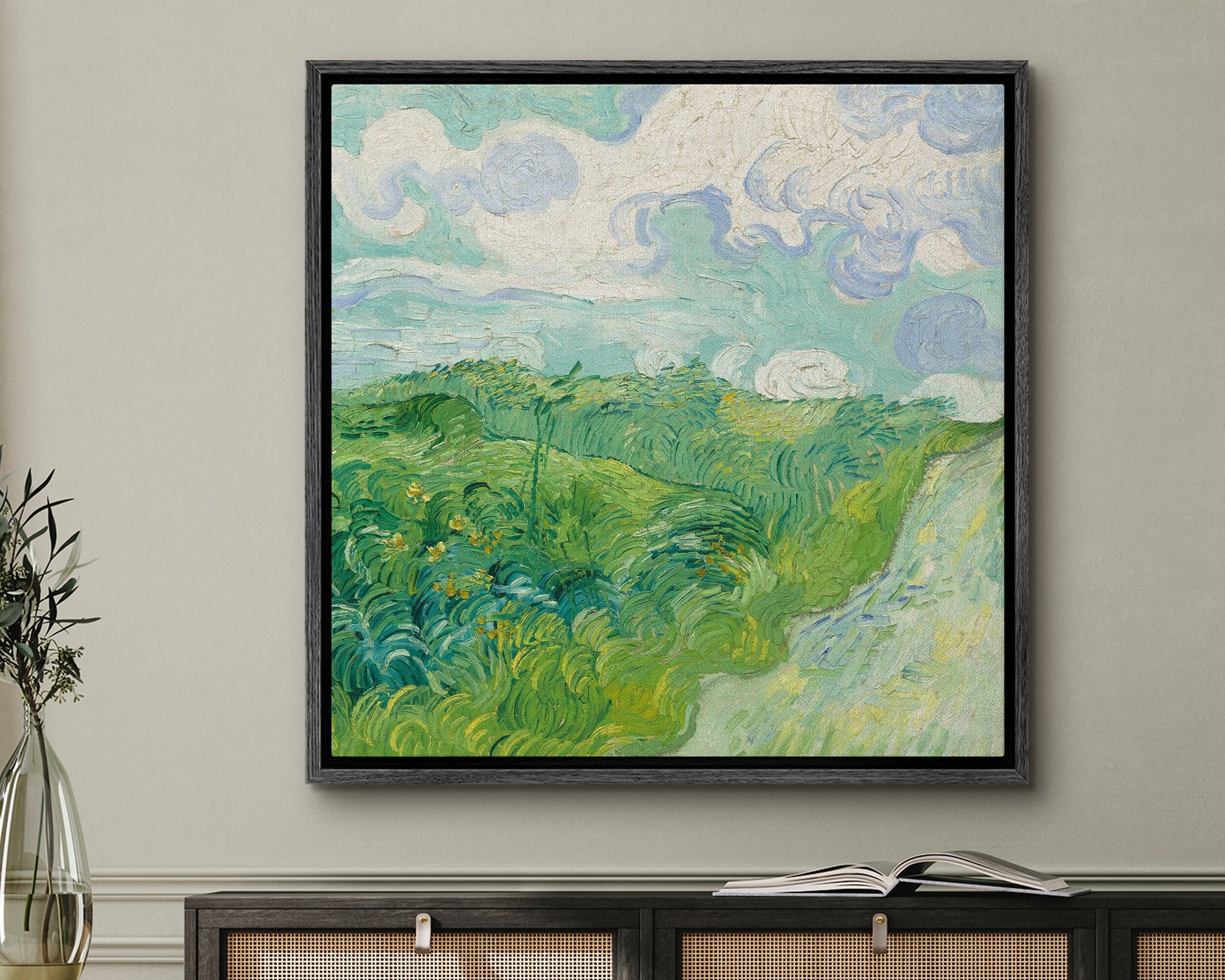 SouthandArt Van Gogh Wall Art print | Green Wheat Fields | Framed Canvas Wall Art with hanging kit