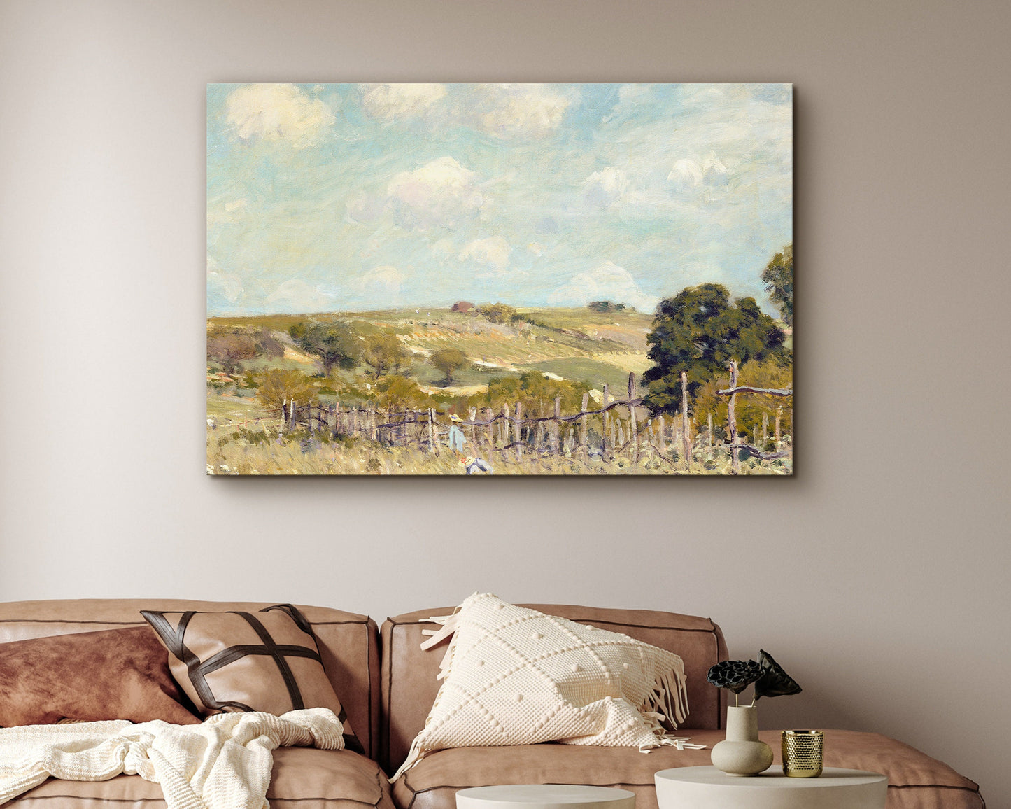 SouthandArt Vintage Landscape Wall Art Print, Cloudy Sky and Field Framed Large Gallery Art, Minimalist Art Ready to Hang (with hanging kit)