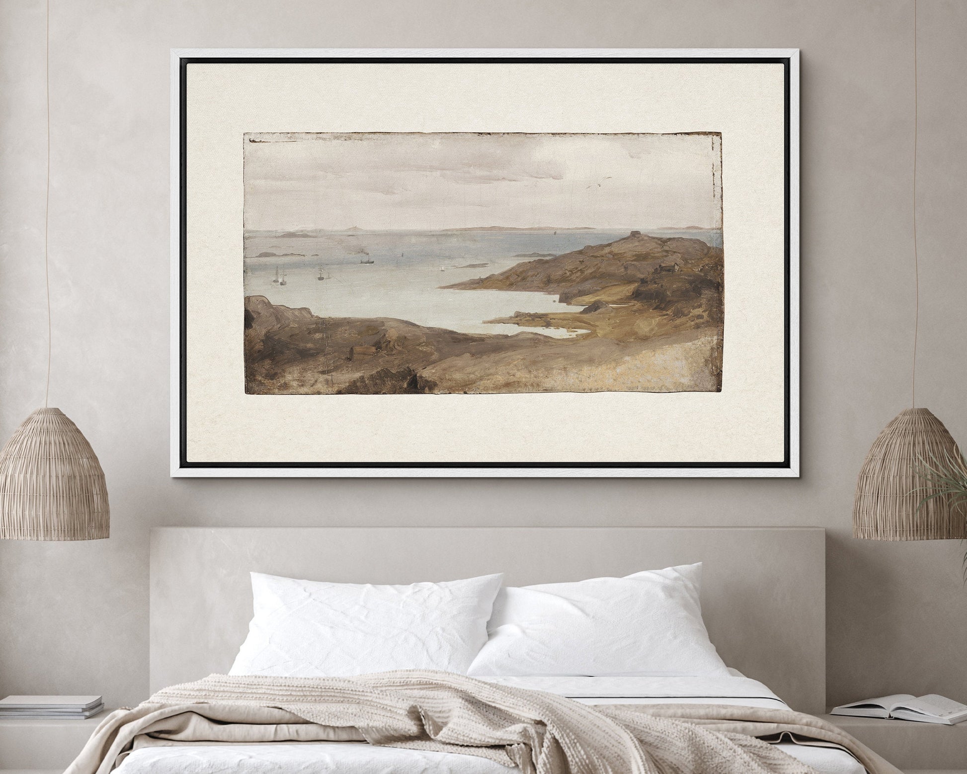 EasySuger Vintage Seascape Wall Art, Rustic Coastal Framed Large Gallery Art, Minimalist Art Ready to Hang (with hanging kit)