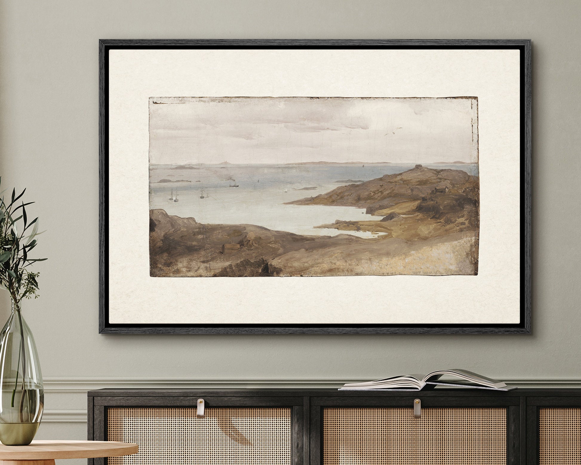 EasySuger Vintage Seascape Wall Art, Rustic Coastal Framed Large Gallery Art, Minimalist Art Ready to Hang (with hanging kit)