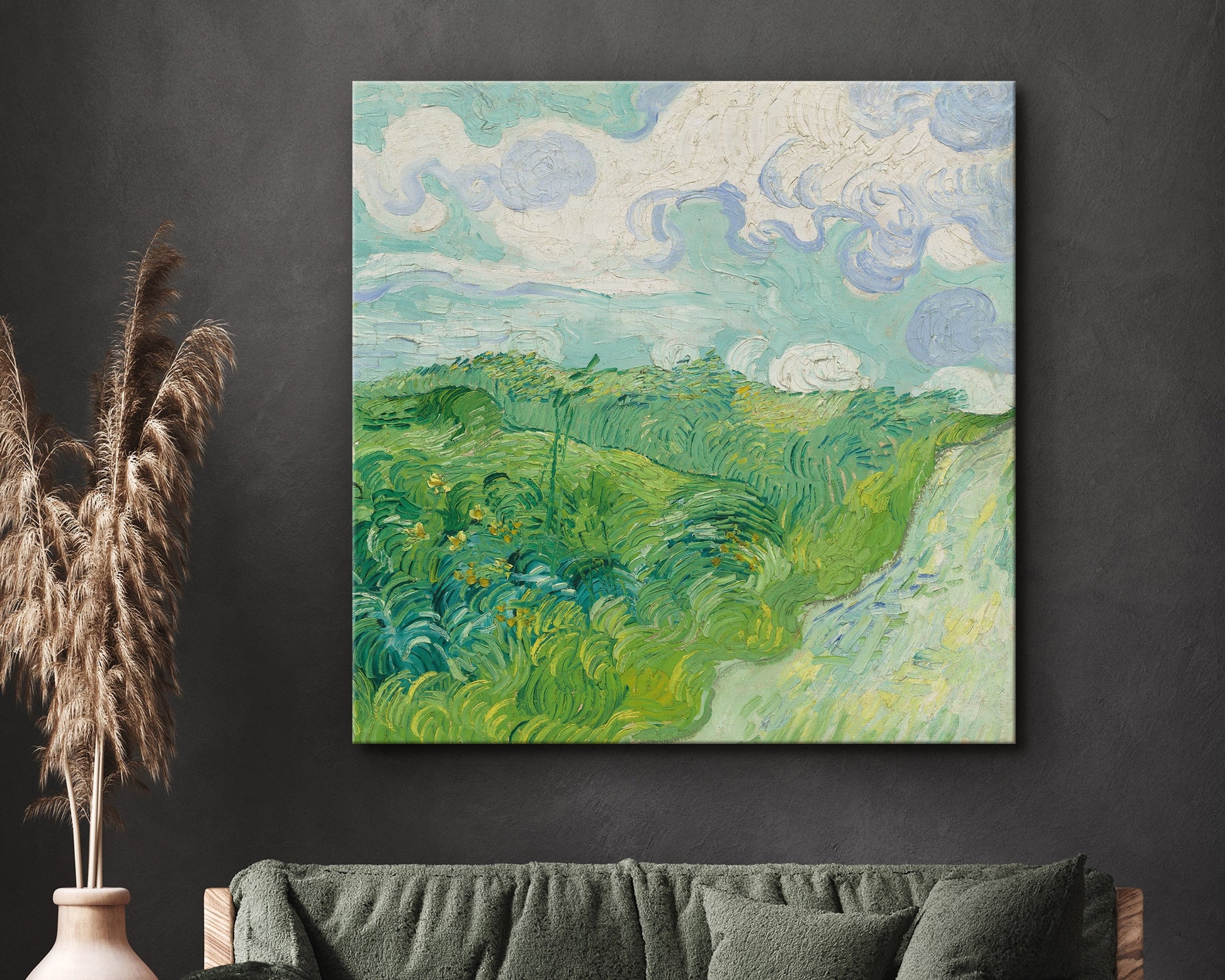 SouthandArt Van Gogh Wall Art print | Green Wheat Fields | Framed Canvas Wall Art with hanging kit