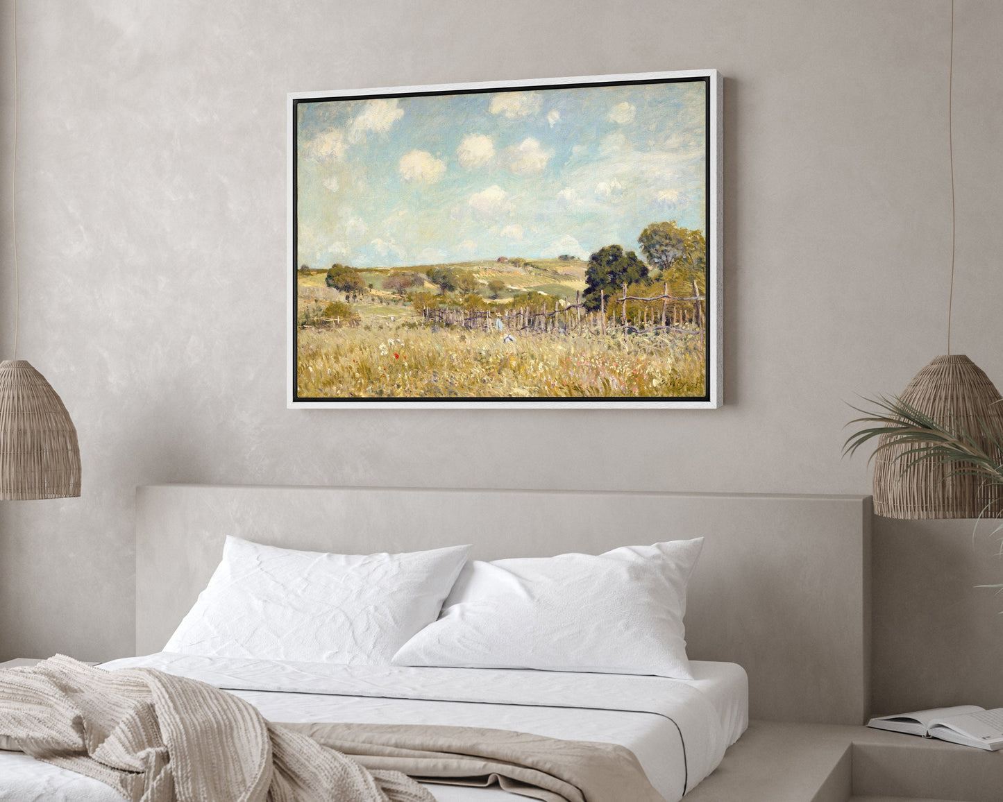 SouthandArt Vintage Landscape Wall Art Print, Cloudy Sky and Field Framed Large Gallery Art, Minimalist Art Ready to Hang (with hanging kit)