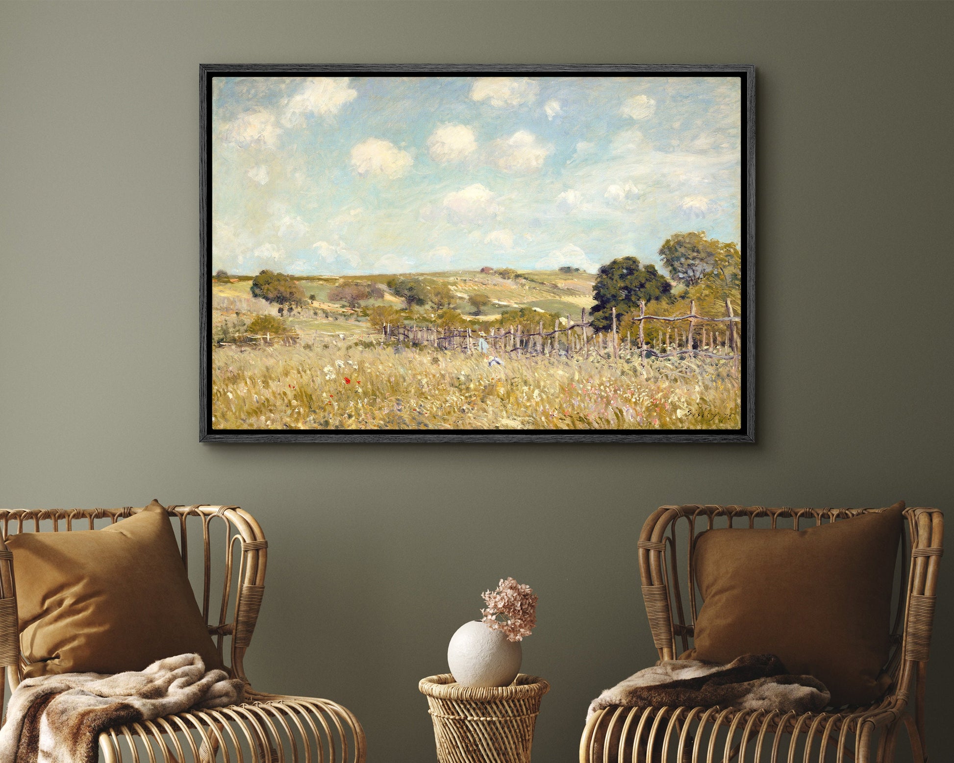 SouthandArt Vintage Landscape Wall Art Print, Cloudy Sky and Field Framed Large Gallery Art, Minimalist Art Ready to Hang (with hanging kit)