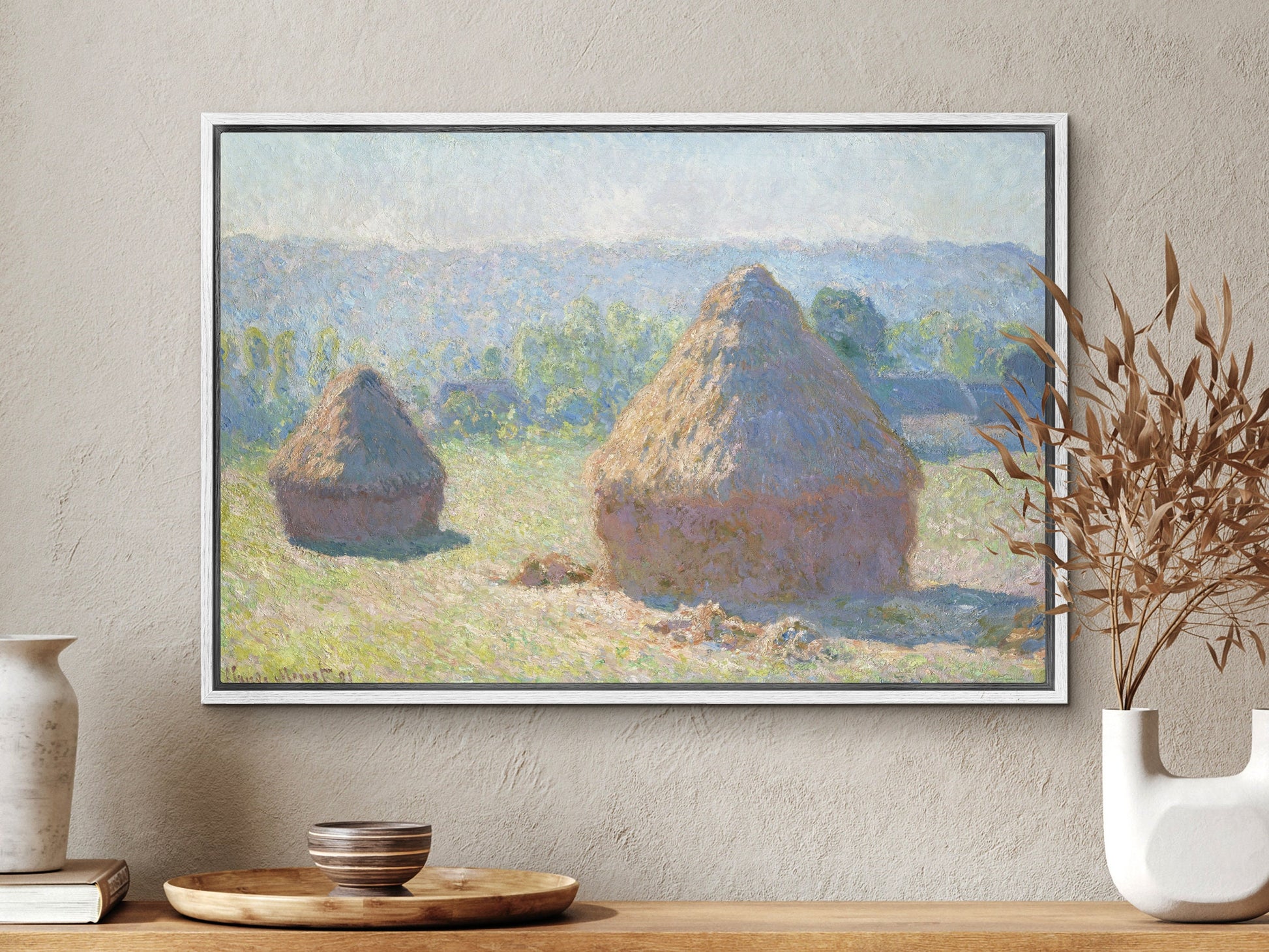 EasySuger Claude Monet Wall Art |Haystacks, end of Summer | Framed Canvas Wall Art with hanging kit