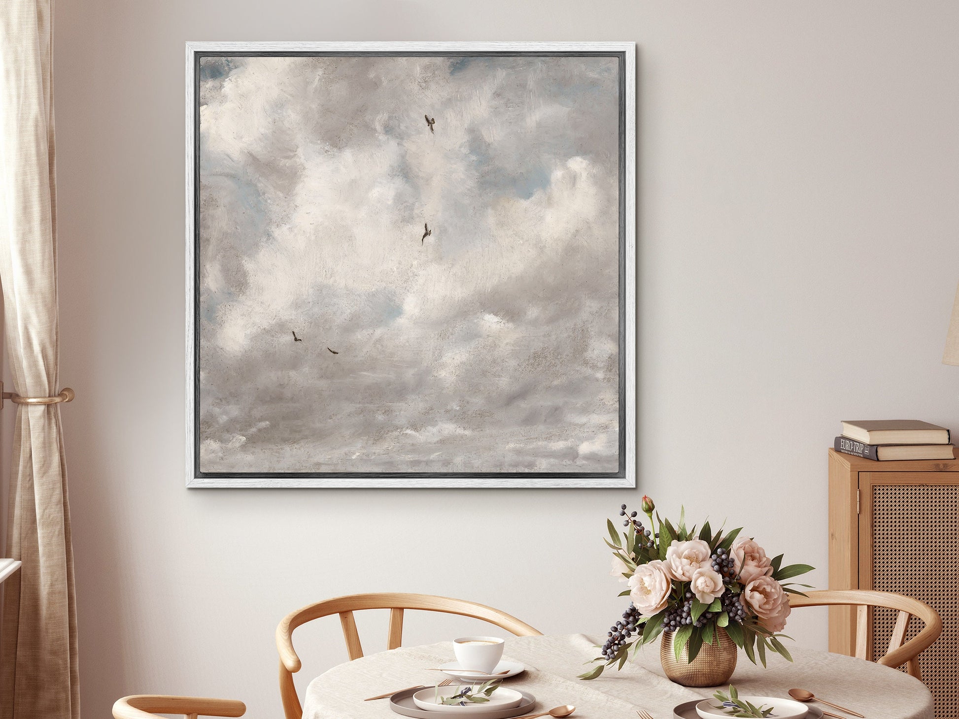 SouthandArt Vintage Landscape Wall Art Print, Cloudy Sky and Field Framed Large Gallery Art, Minimalist Art Ready to Hang (with hanging kit)