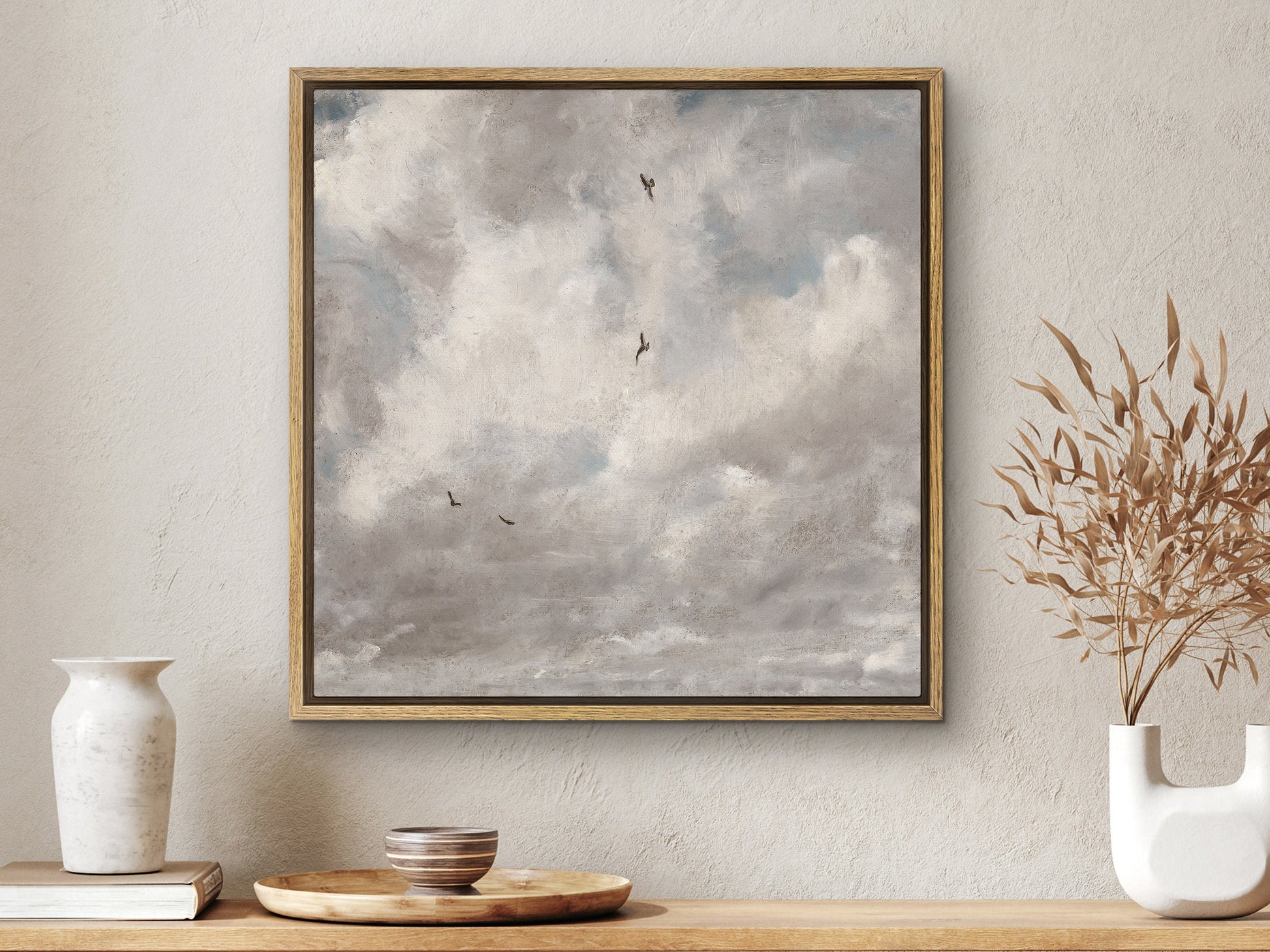 SouthandArt Vintage Landscape Wall Art Print, Cloudy Sky and Field Framed Large Gallery Art, Minimalist Art Ready to Hang (with hanging kit)