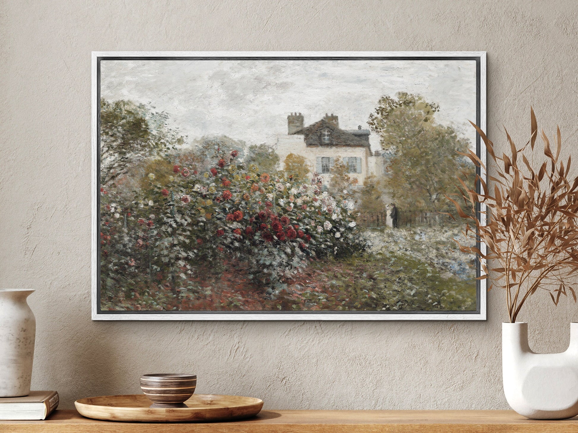 EasySuger Rose Garden Cottage Wall Art Print on Framed Canvas with hanging kit