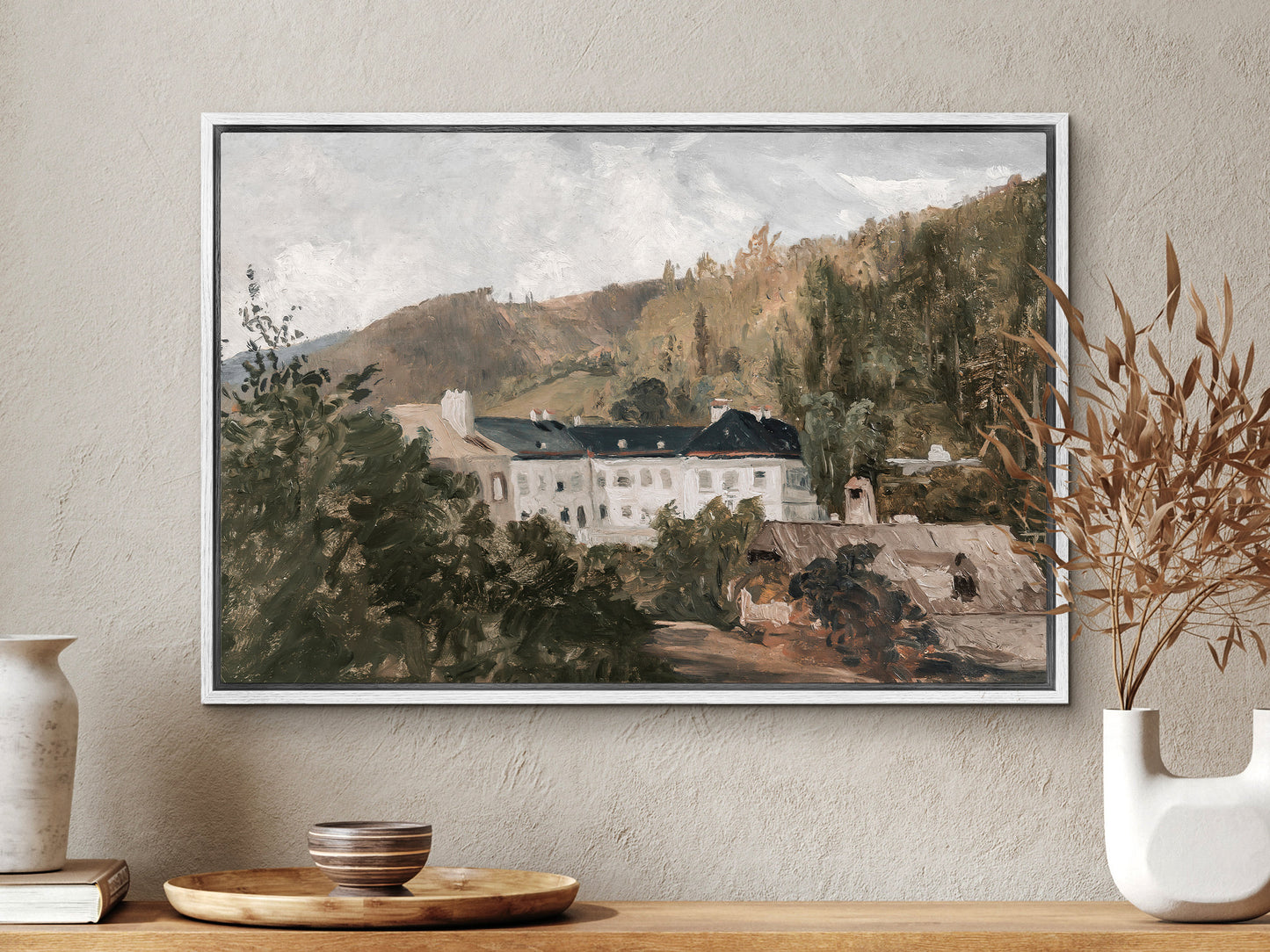 EasySuger European Villa Landscape Framed Canvas Wall Art Print with hanging kit